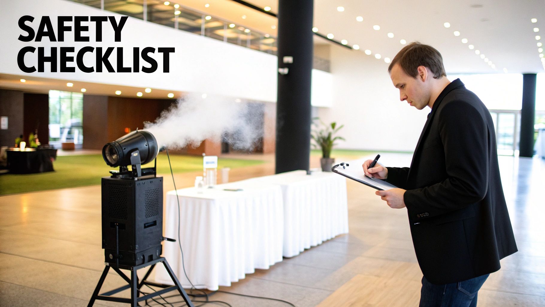 A man in a black jacket writes on a clipboard next to a smoke machine emitting fog, performing a safety check.