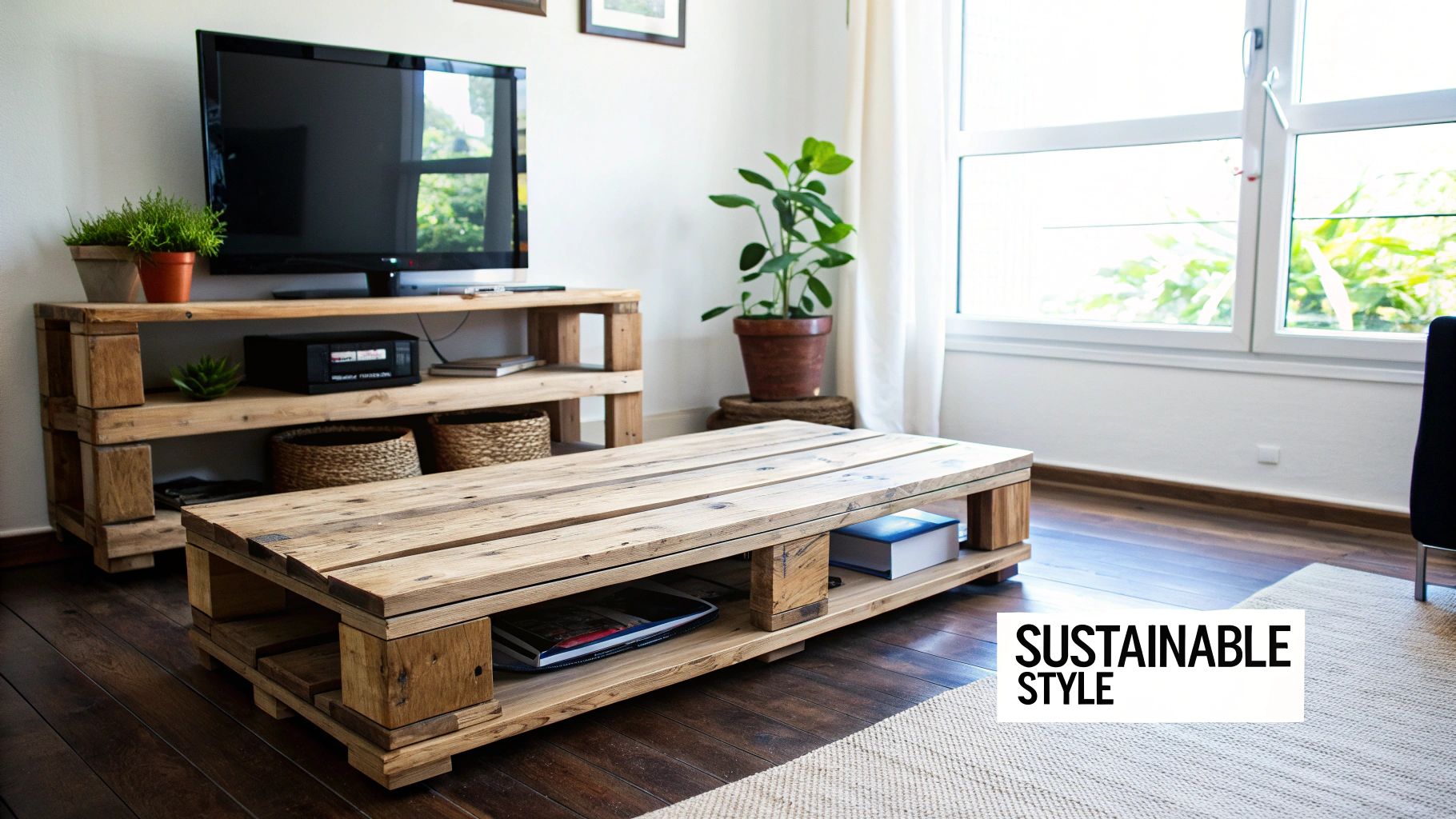 A stylish outdoor lounge area furnished with comfortable pallet wood sofas and a matching coffee table.