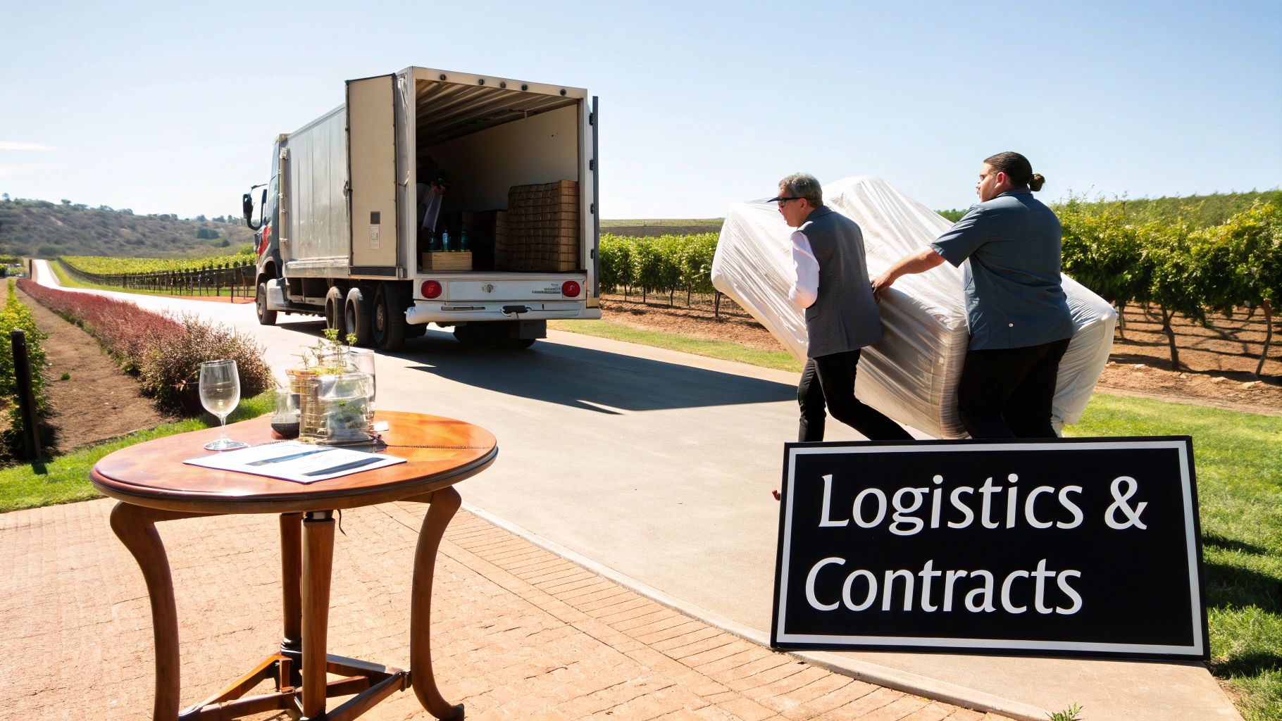 Two men carry a large item past a delivery truck at a vineyard, near a 'Logistics & Contracts' sign.