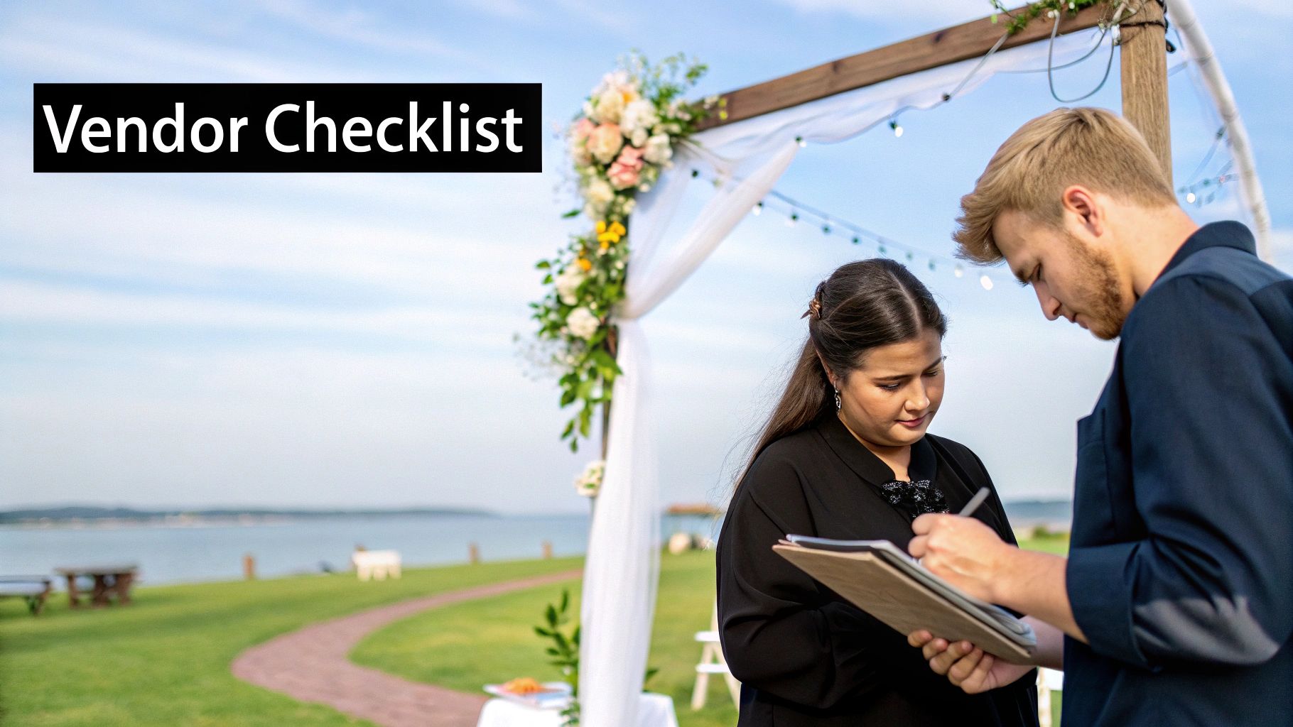 Wedding vendors coordinating the setup of an arch for wedding
