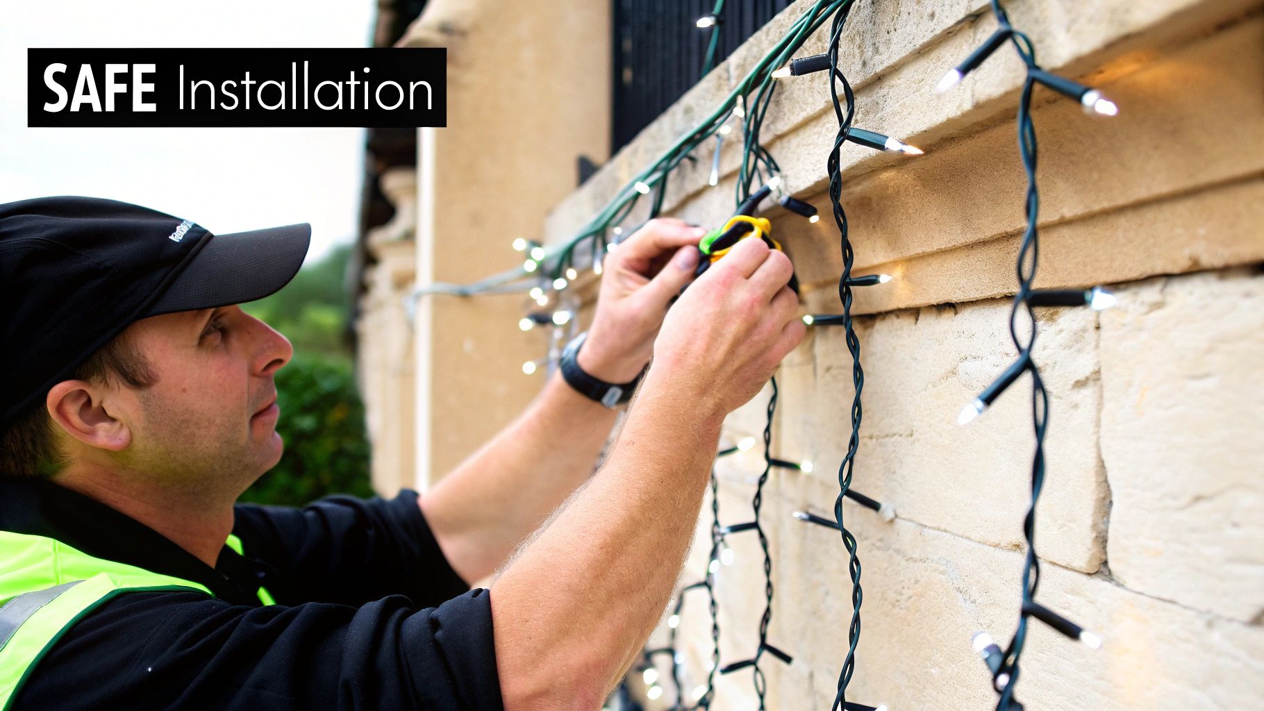 Man in a high-vis vest carefully installing illuminated string lights onto a stone wall.