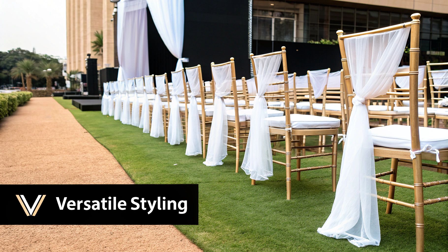 A white Tiffany chair decorated with flowing chiffon and a floral garland for a romantic wedding.