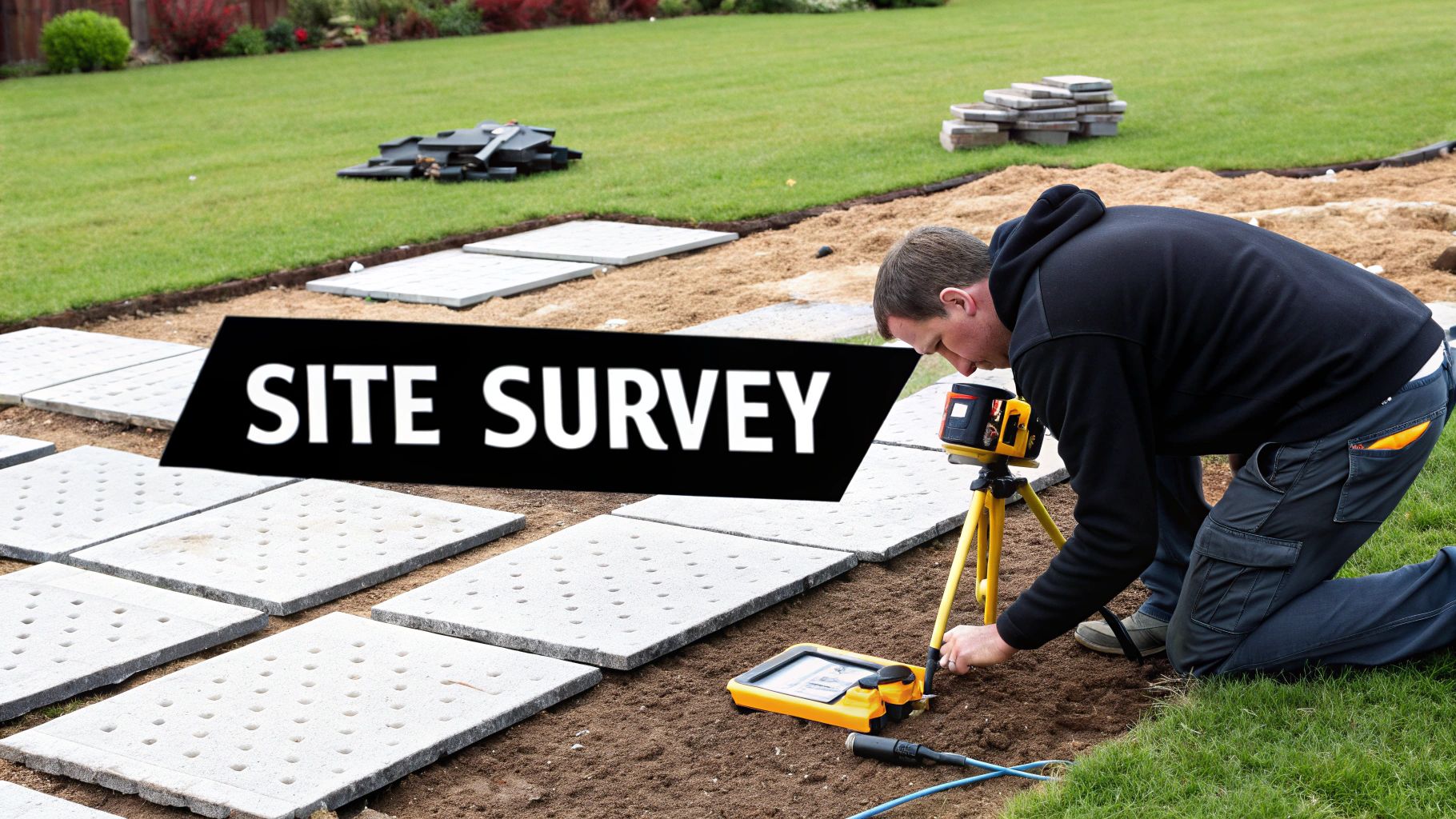 Professional surveyor conducting site survey with laser level equipment for patio installation project