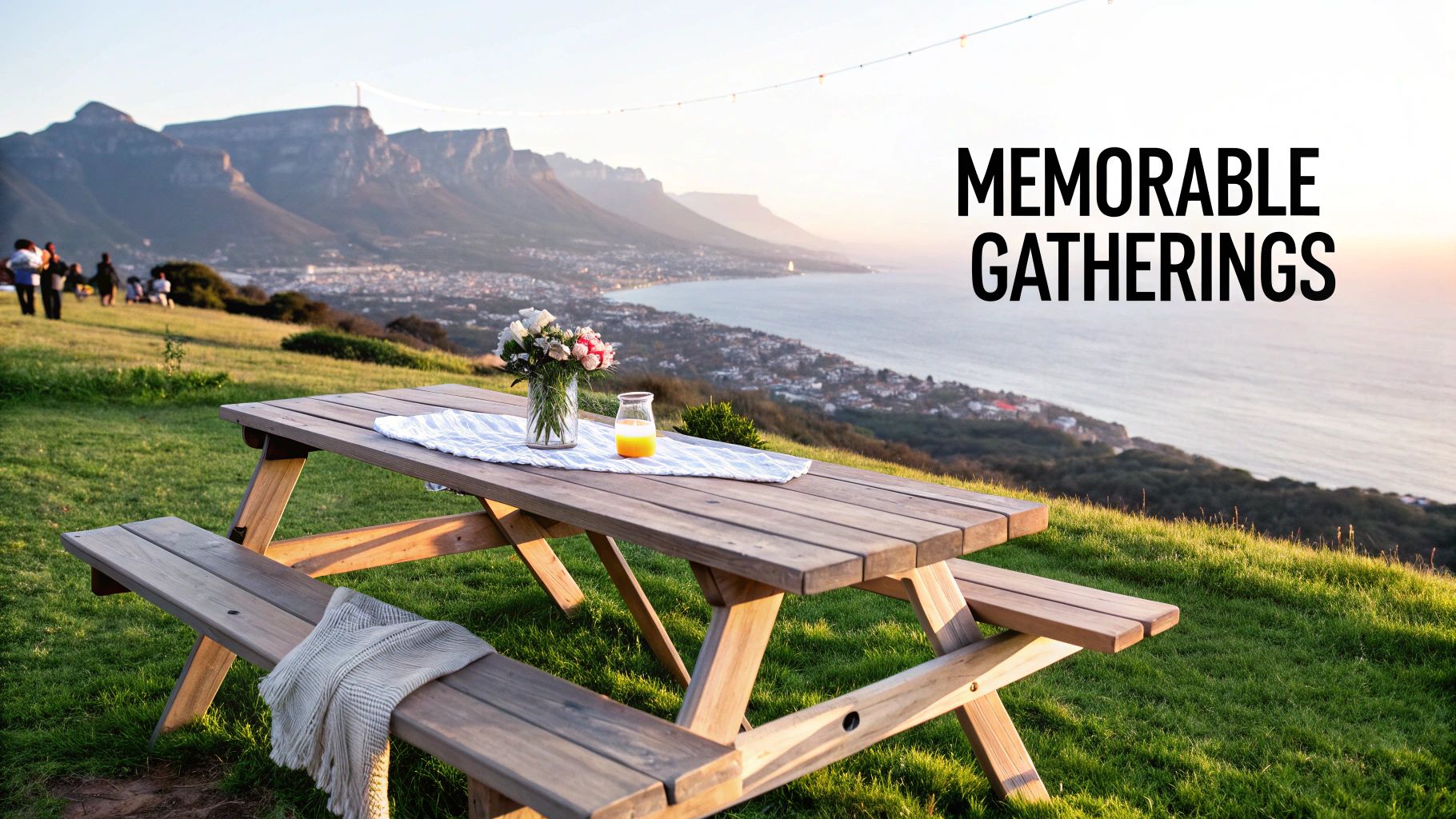 A scenic outdoor picnic setup with a wooden table, flowers, and orange juice overlooking a coastal city at sunset.