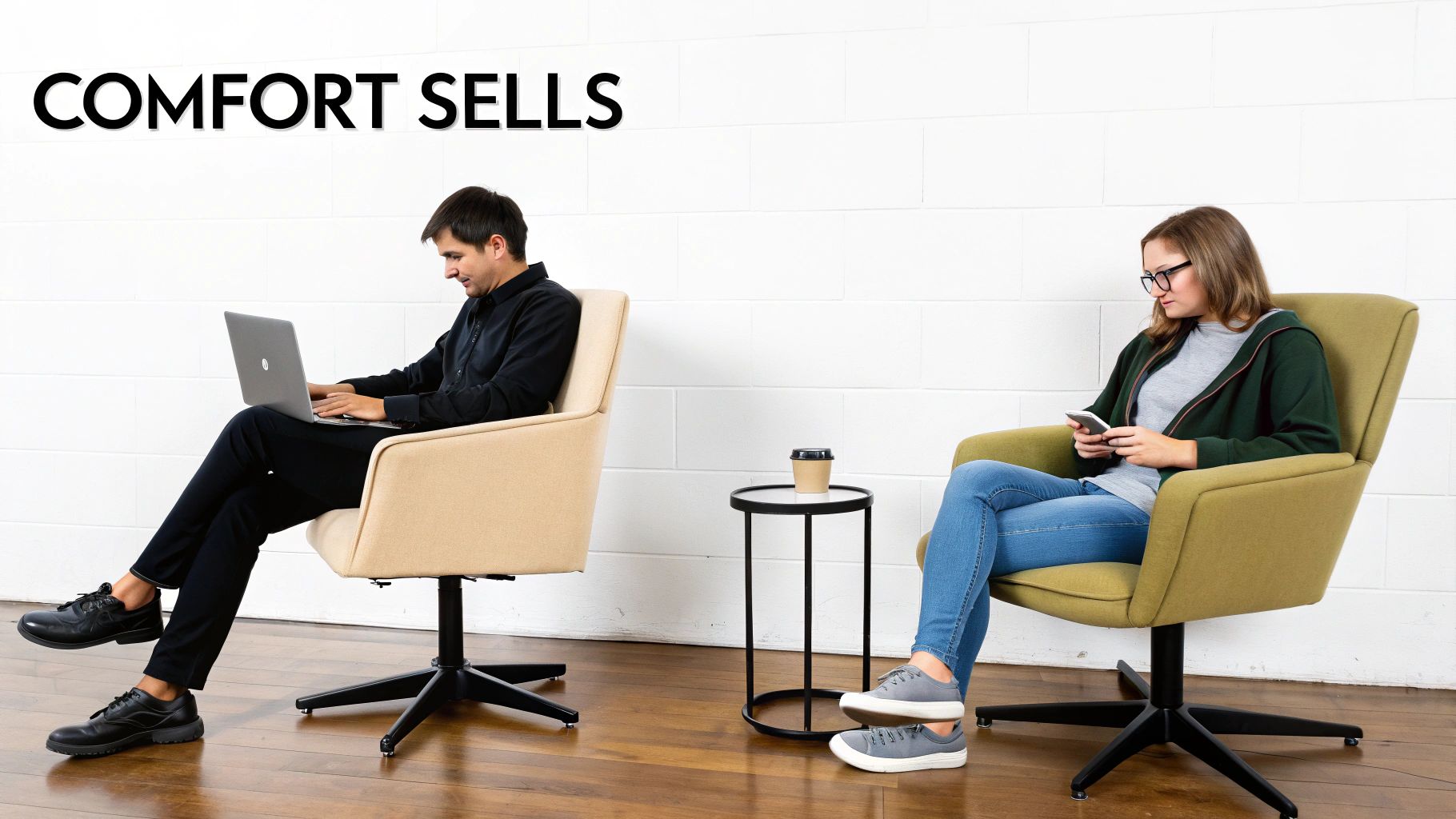 Two people sitting in comfortable modern office chairs working on laptop and phone