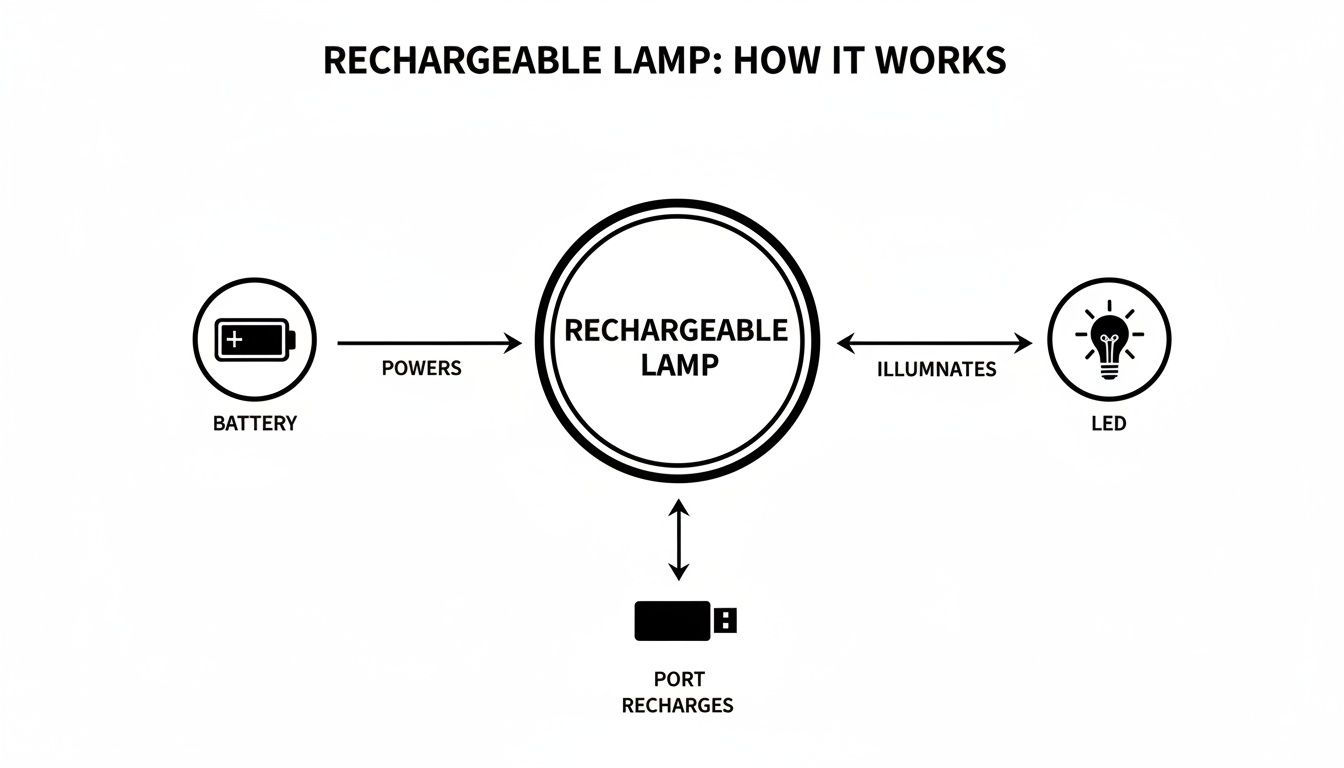 A diagram illustrating the components and functionality of a rechargeable lamp, showing battery, lamp, LED, and charging port.