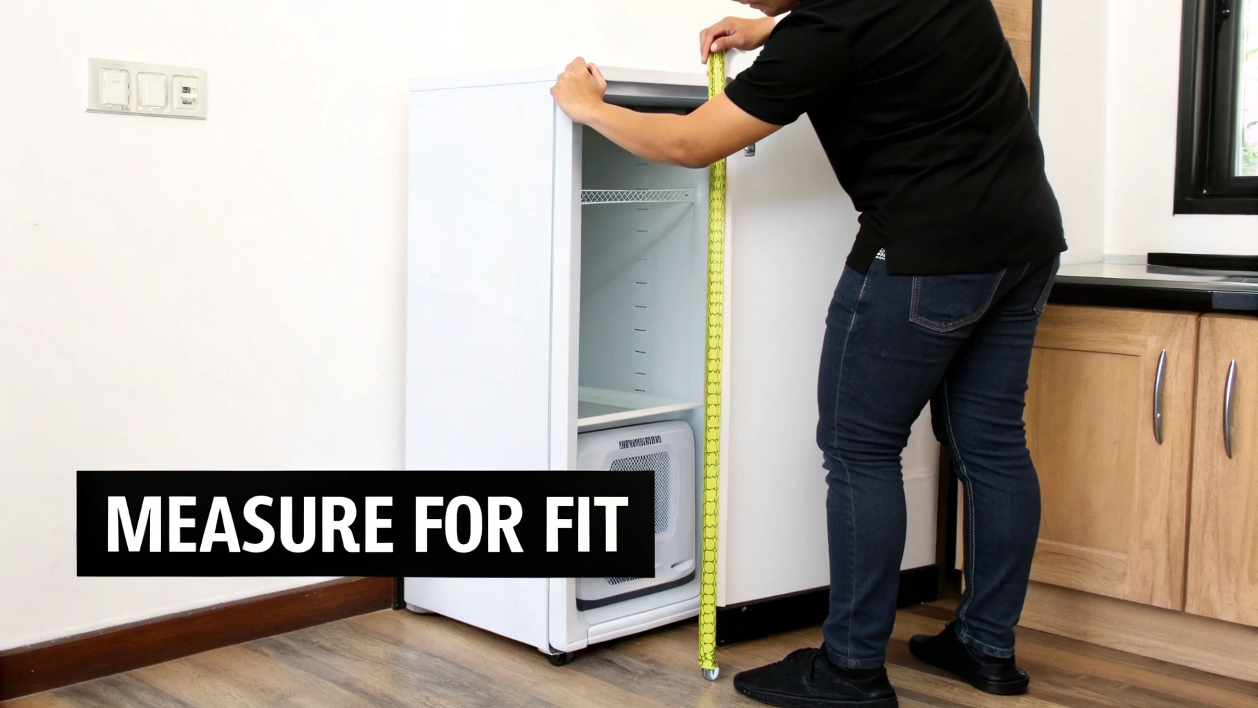 A person measures the height of an open white bar fridge with a yellow tape measure, preparing for installation.