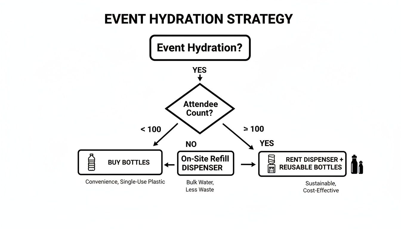 Flowchart outlines event hydration strategy choices: bottled water, refill stations, or reusable bottle rentals.