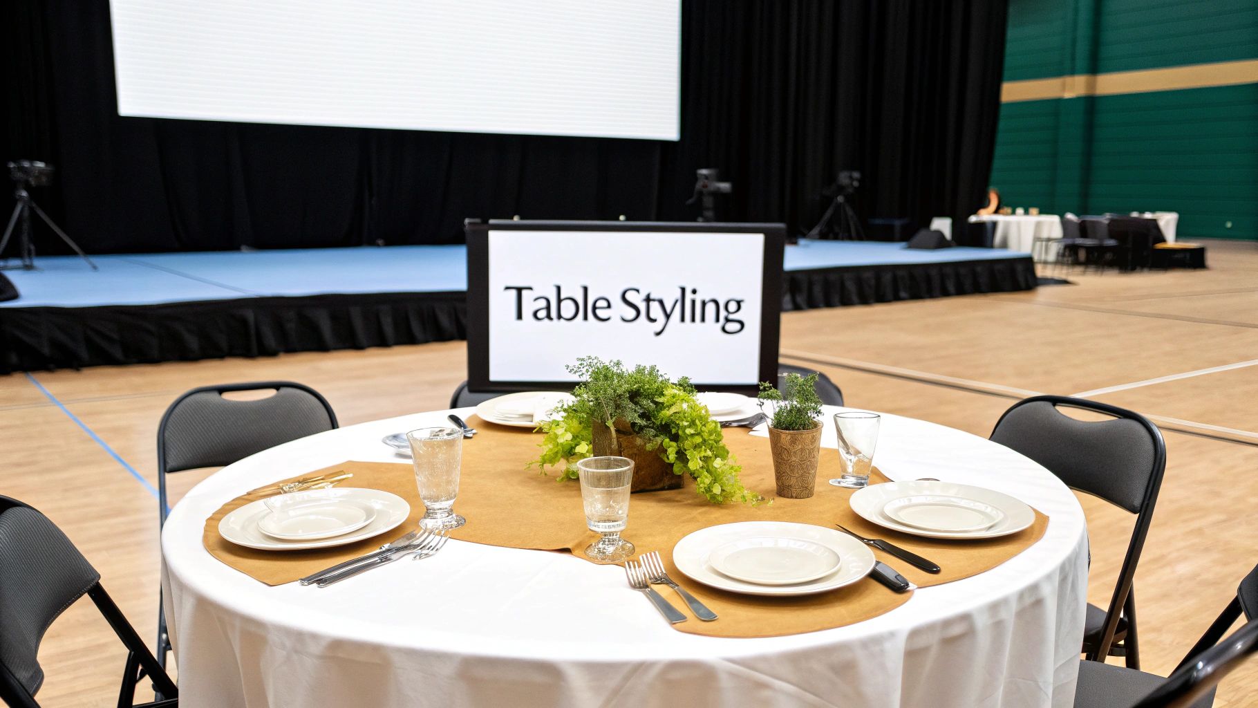 A round table with white tablecloth, brown runner, place settings, greenery, and a 'Table Styling' screen.