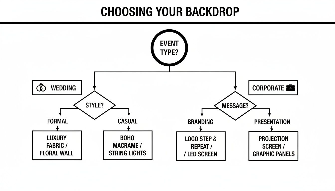 A flowchart guiding event backdrop selection based on event type, style, and message.
