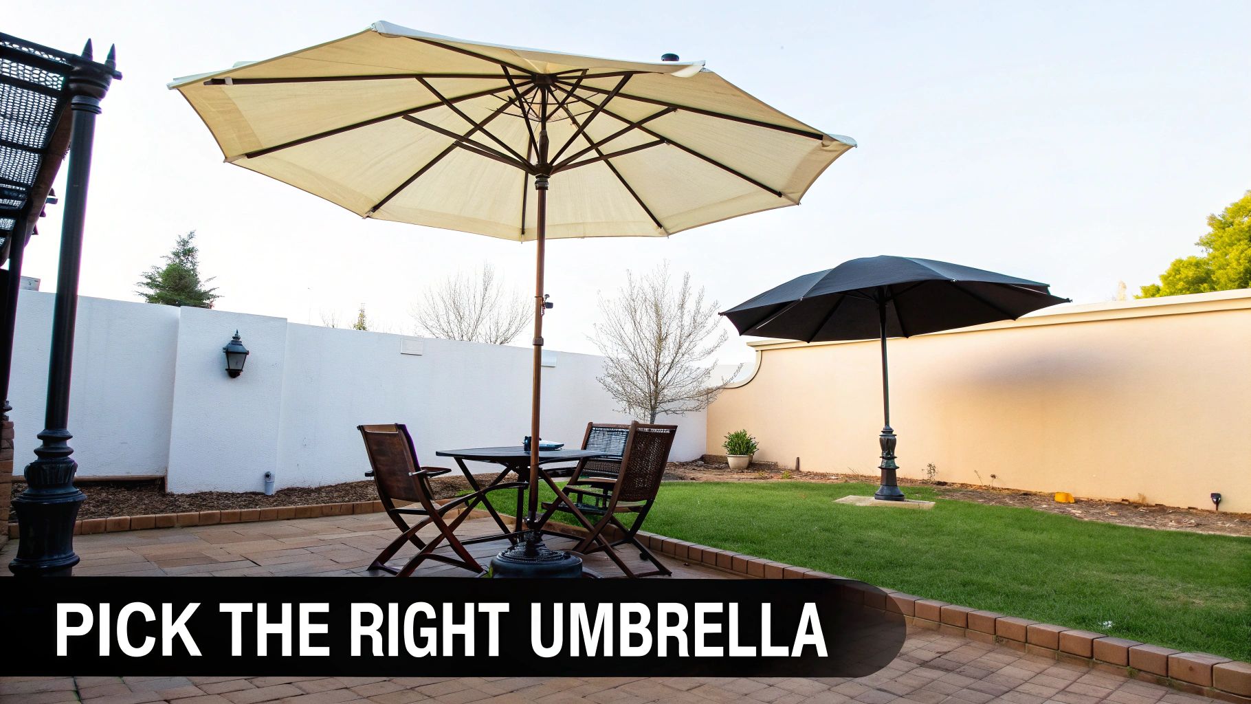 Two large outdoor umbrellas set up in a garden, one centre-pole and one cantilever style.