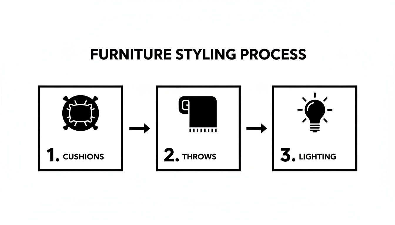A diagram illustrating the furniture styling process in three steps: cushions, throws, and lighting.