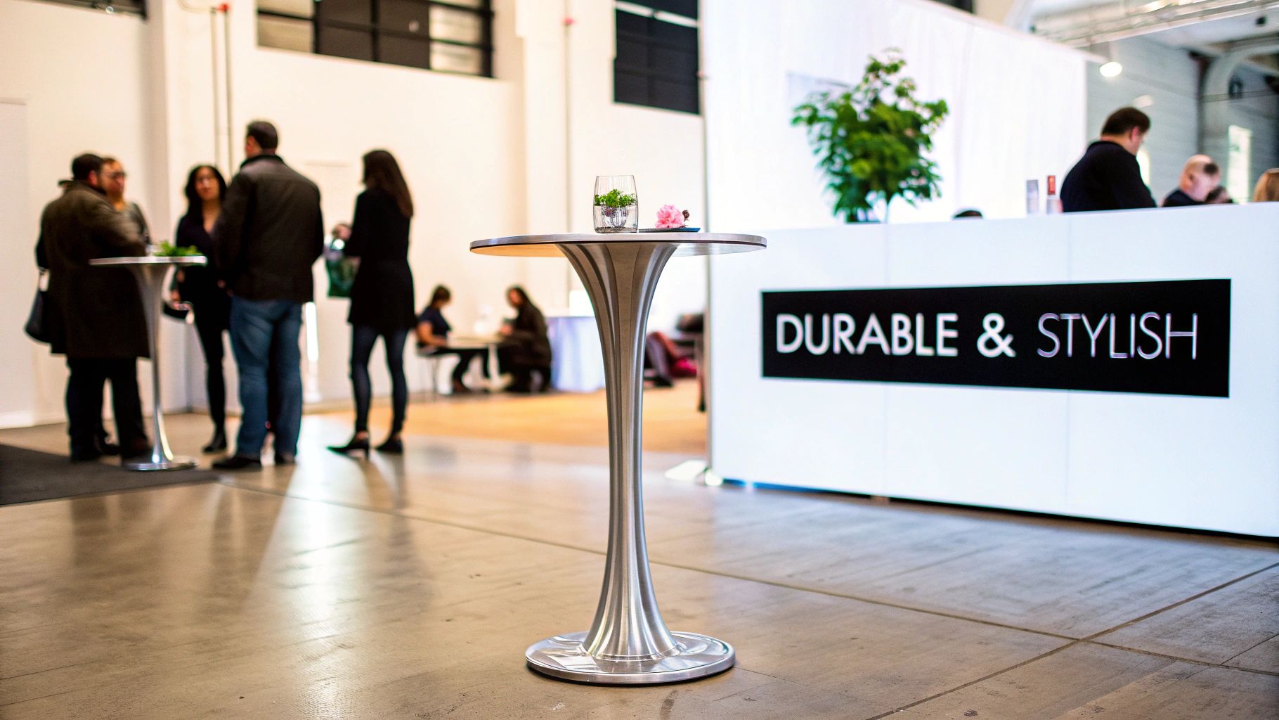 A collection of sleek, tall metal cocktail tables set up for an outdoor event.