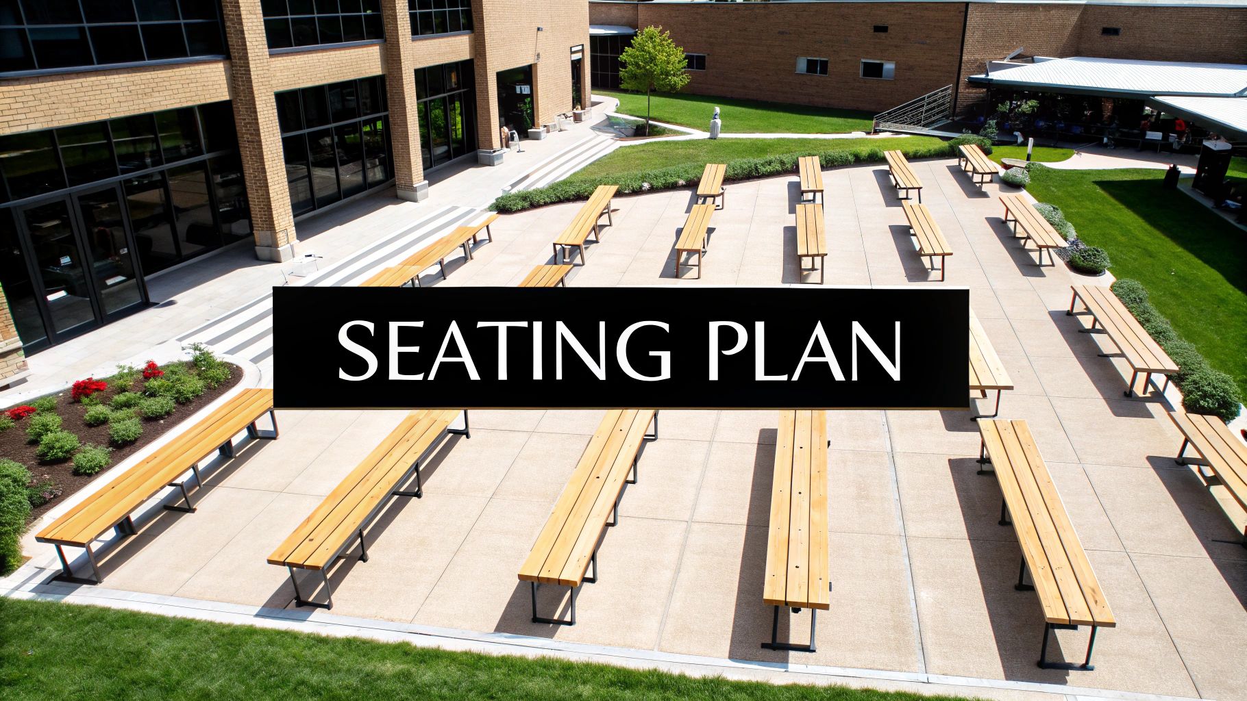 An aerial view of an outdoor seating area featuring numerous long wooden benches on a paved patio.