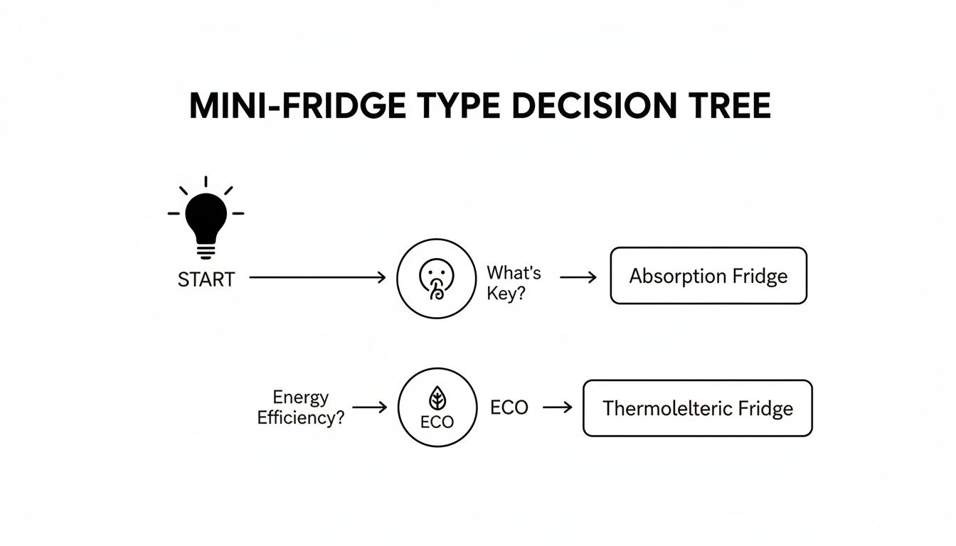 A mini-fridge type decision tree diagram with paths for absorption and thermolectric fridges.