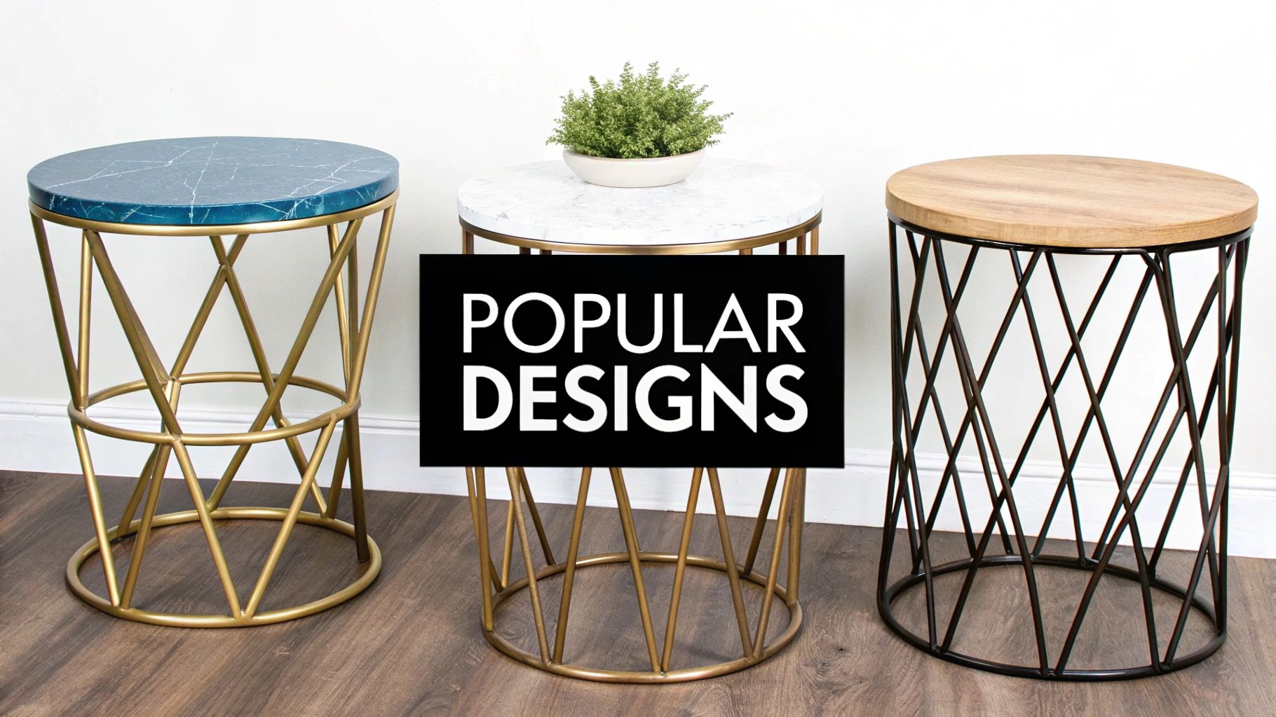 A stylish gold coffee table with a geometric base and a glass top, placed in a contemporary living room.