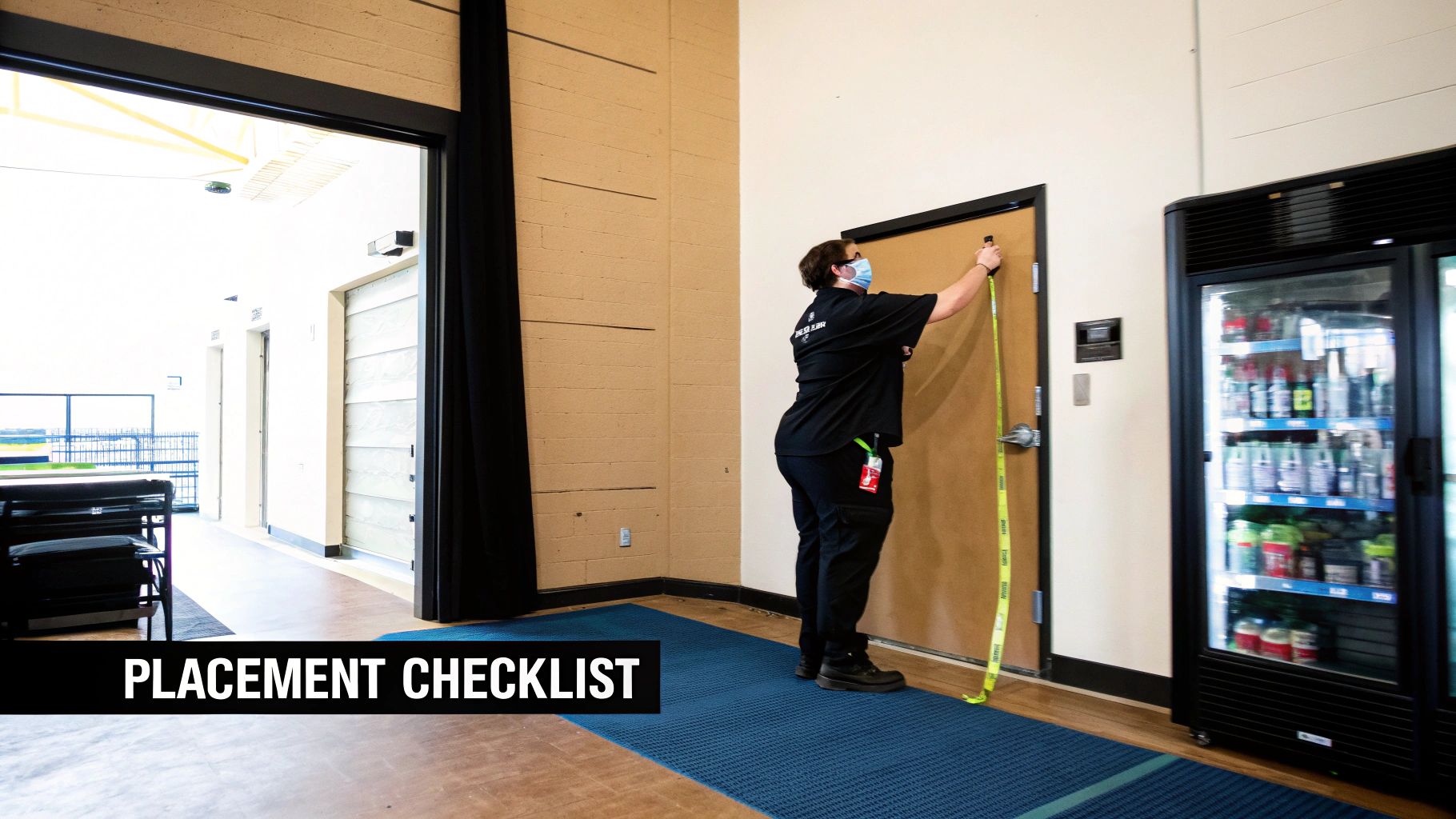 A person in a black uniform measures a door with a yellow tape measure, next to a refrigerator.