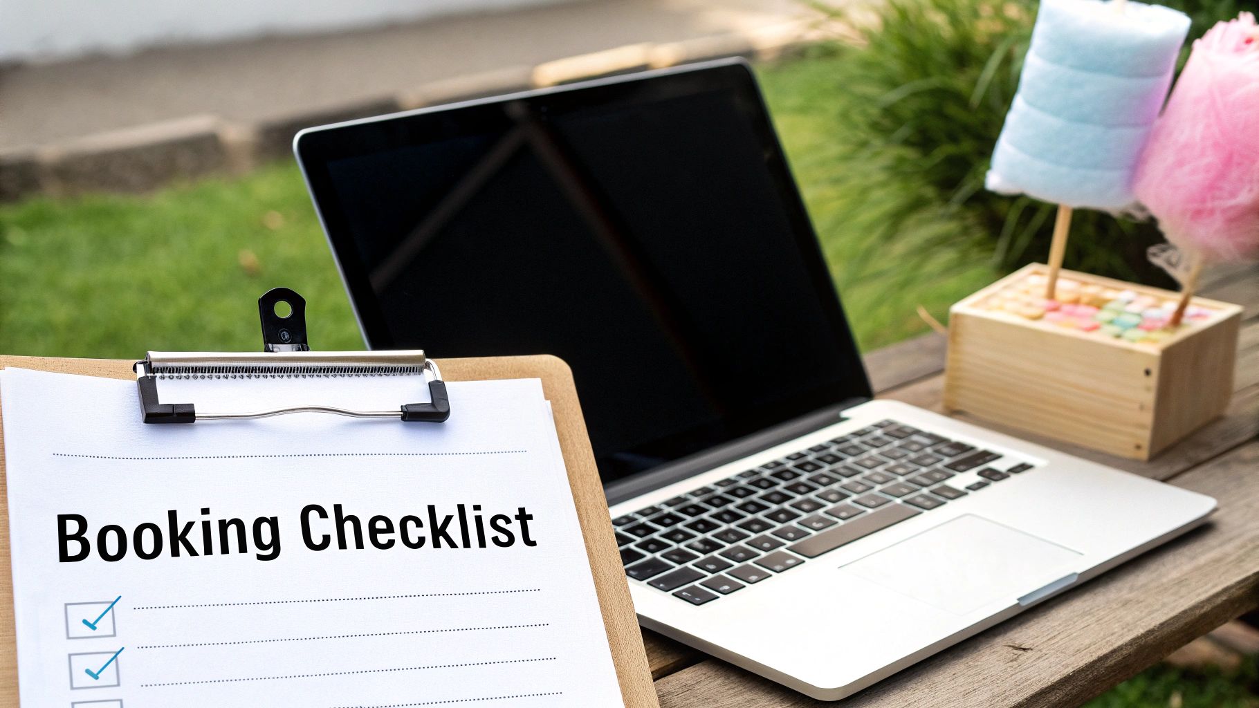Booking checklist on clipboard next to laptop for planning candy floss machine hire event