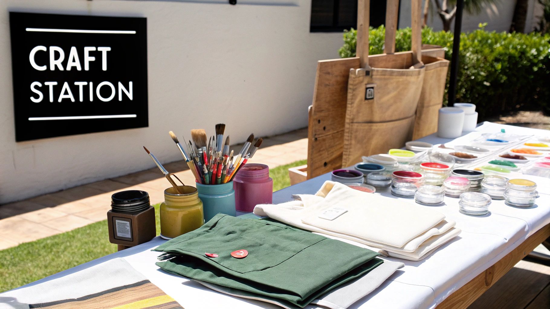 Outdoor craft station setup with paintbrushes, paints, colorful beads, and fabric items on a white table.