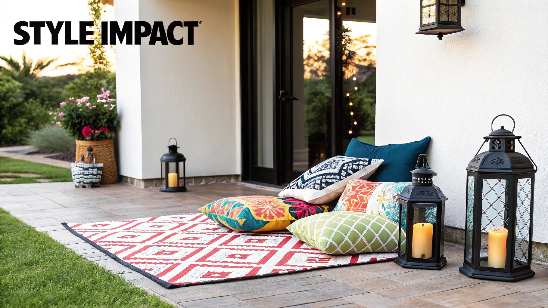 A stylishly decorated outdoor lounge set with cushions, a rug, and ambient lighting.