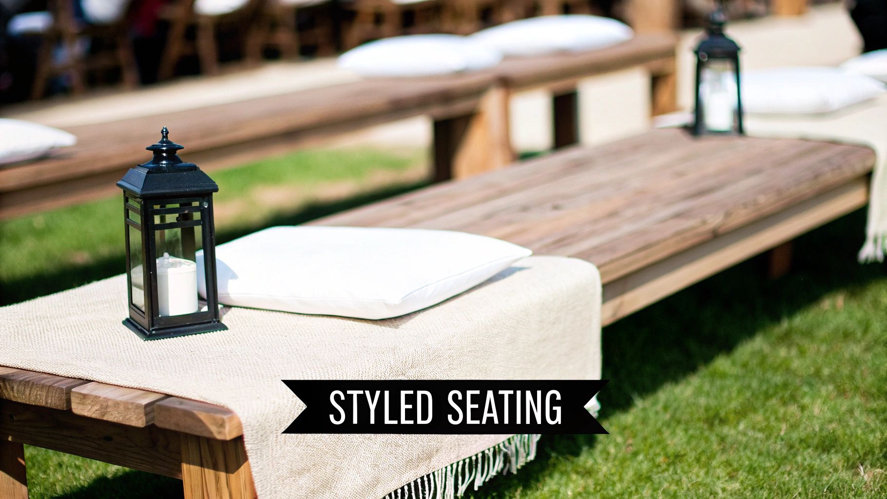 Stylish outdoor seating with wooden benches, light brown runners, black lanterns, and white pillows on grass.