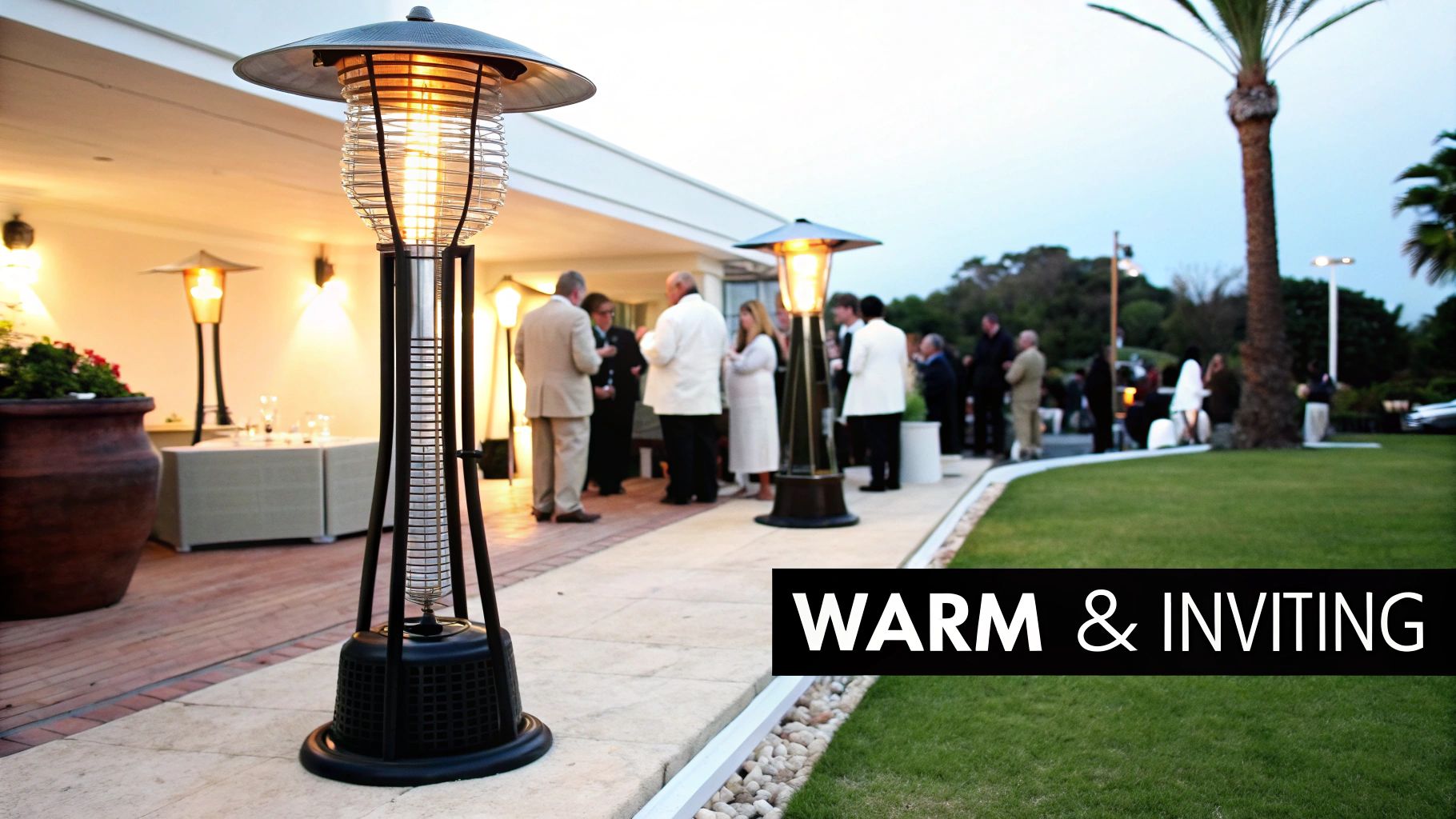 A gas outdoor heater warming up an elegant outdoor event space at night