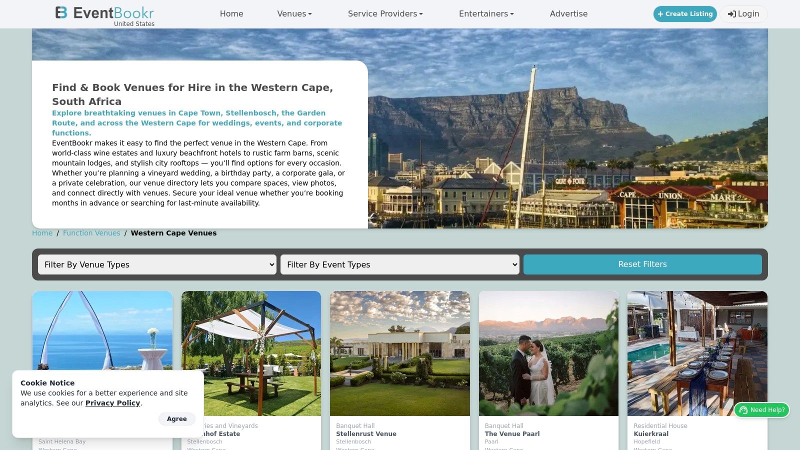 A screenshot of the EventBookr website's Western Cape function venues page, showing venue cards with images and location details, demonstrating its utility for finding year end function venues in Cape Town.
