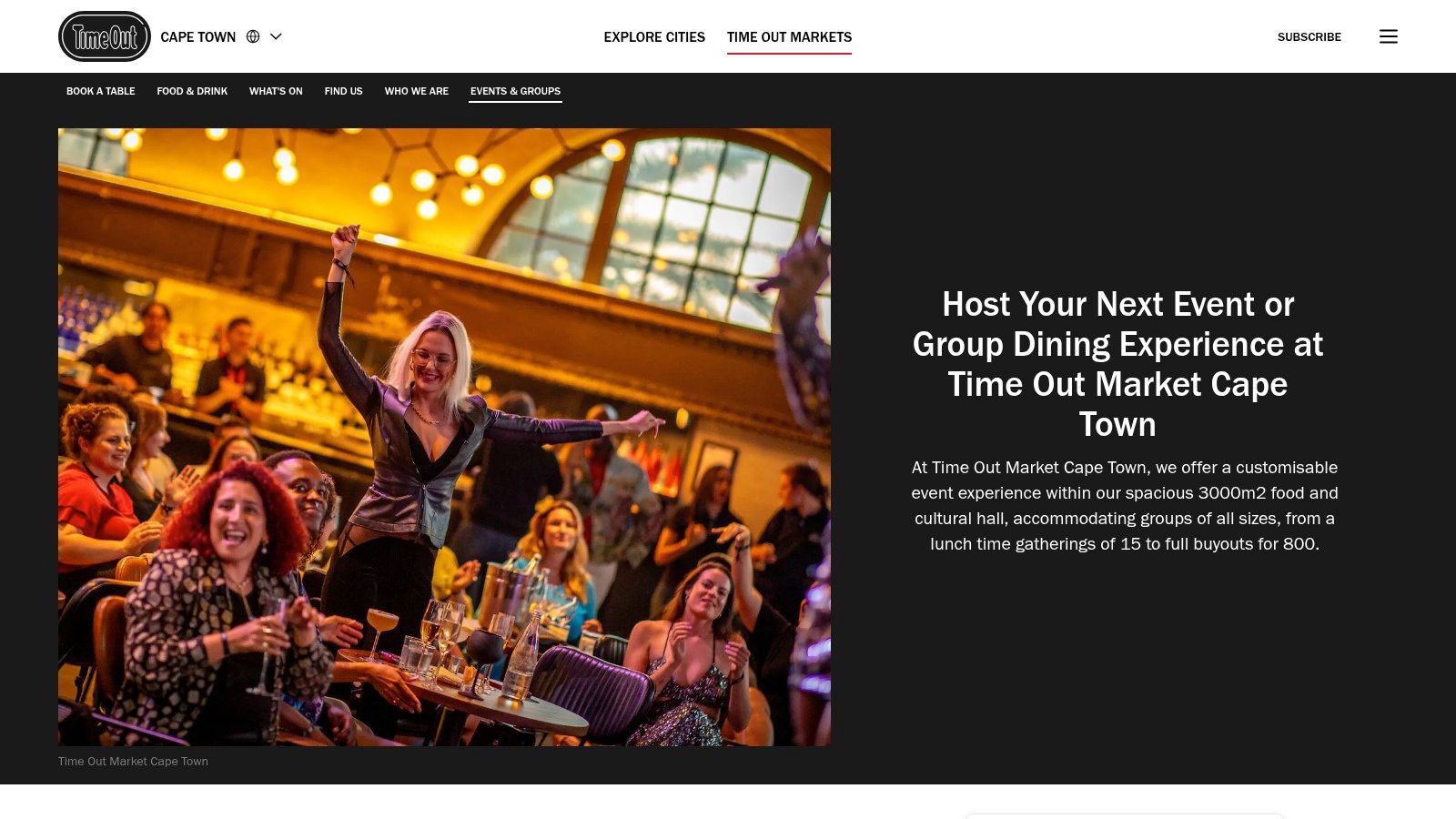 A stylish group event setup at Time Out Market Cape Town, showing the venue's potential for year-end functions with its modern, industrial-chic ambience and ample space.