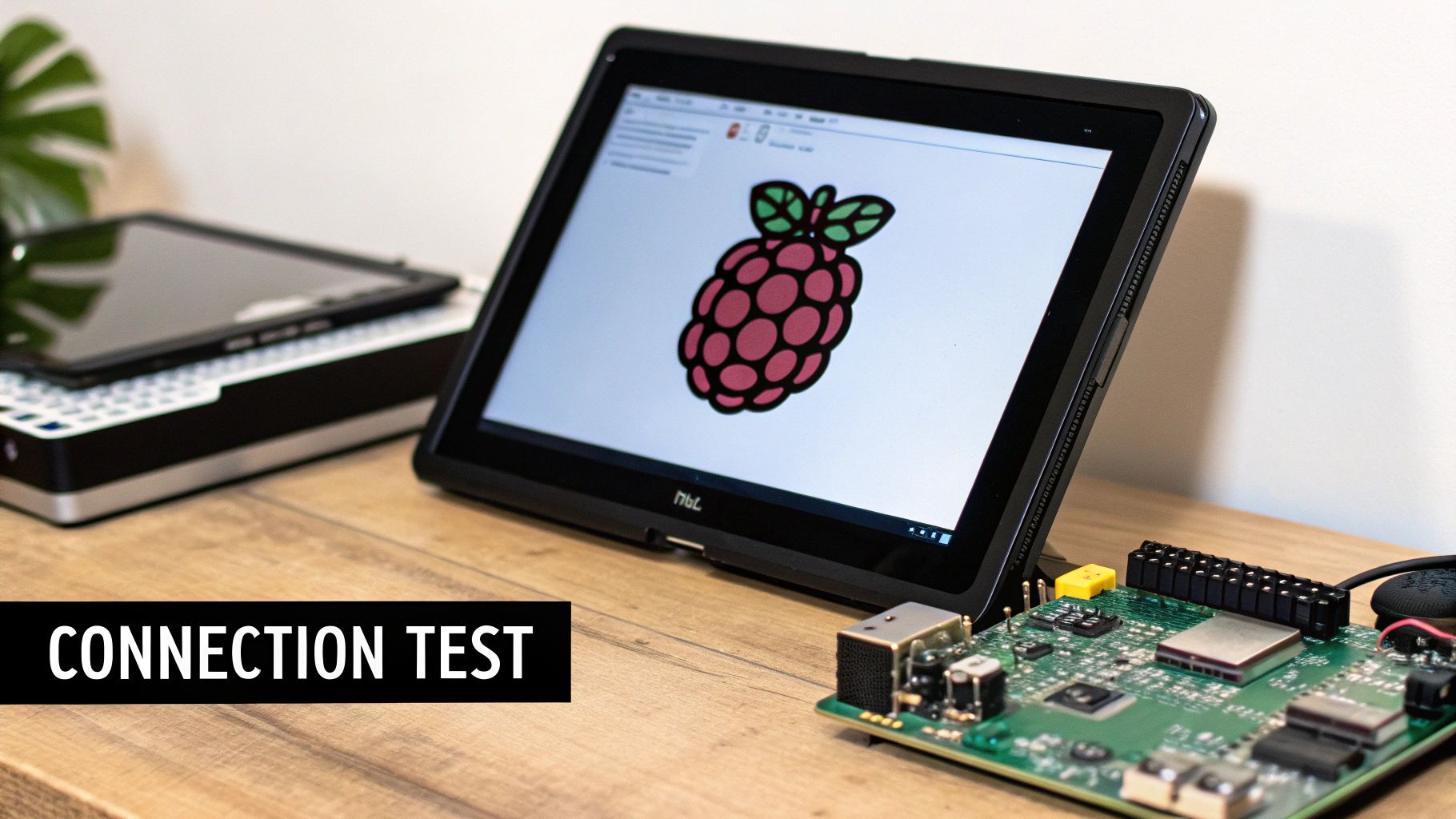 A person's hands are shown working on a Raspberry Pi, connecting wires and components, illustrating a hands-on troubleshooting process.