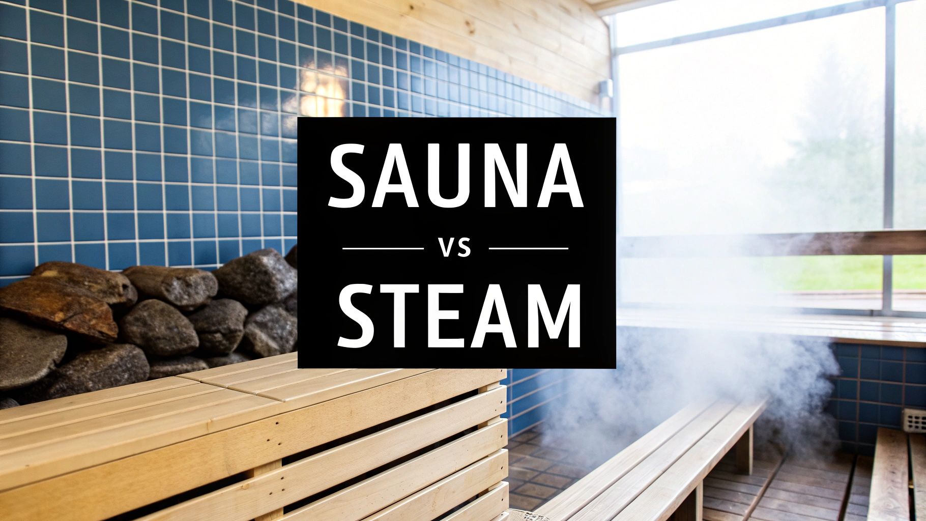 Two women relaxing and talking inside a modern, softly lit steam room.