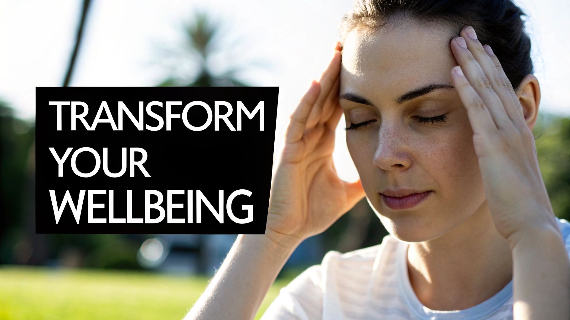 A serene image showing someone with their eyes closed in relaxation, with flowers and soft light in the background.