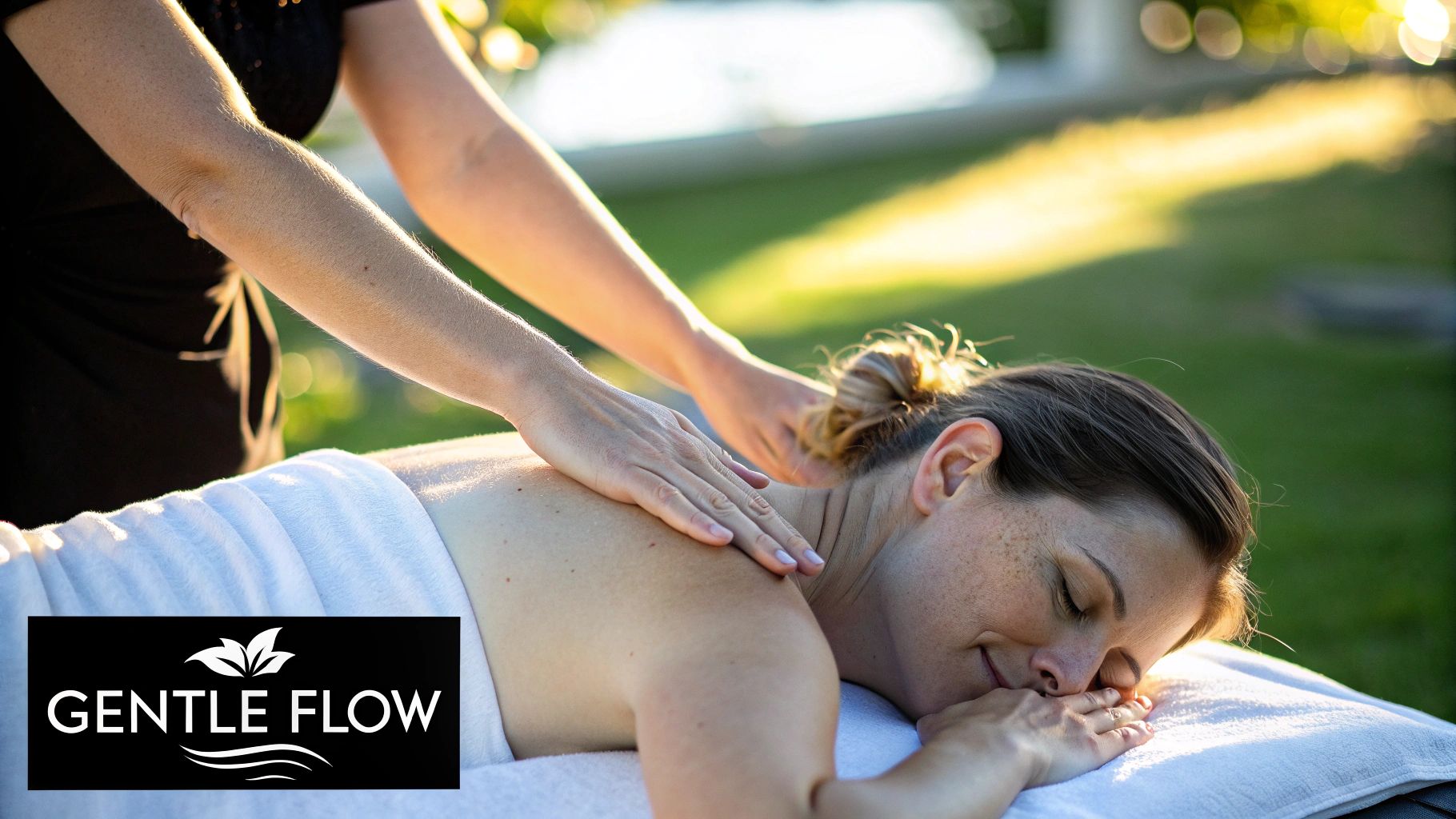 A therapist's hands gently performing a lymphatic drainage massage on a client's back