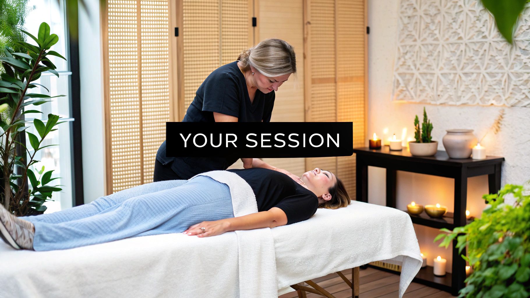 A calm and serene massage room with a comfortable massage table ready for a client.