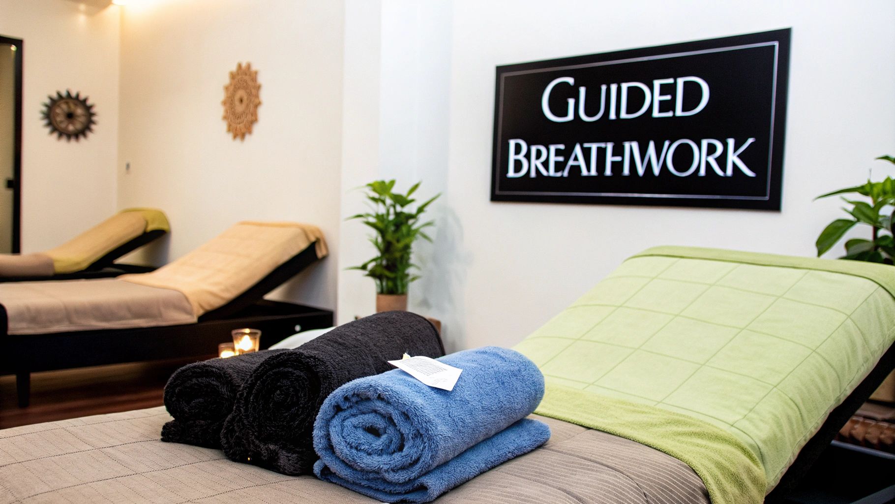 A woman lies comfortably on a mat with cushions during a guided breathwork session.
