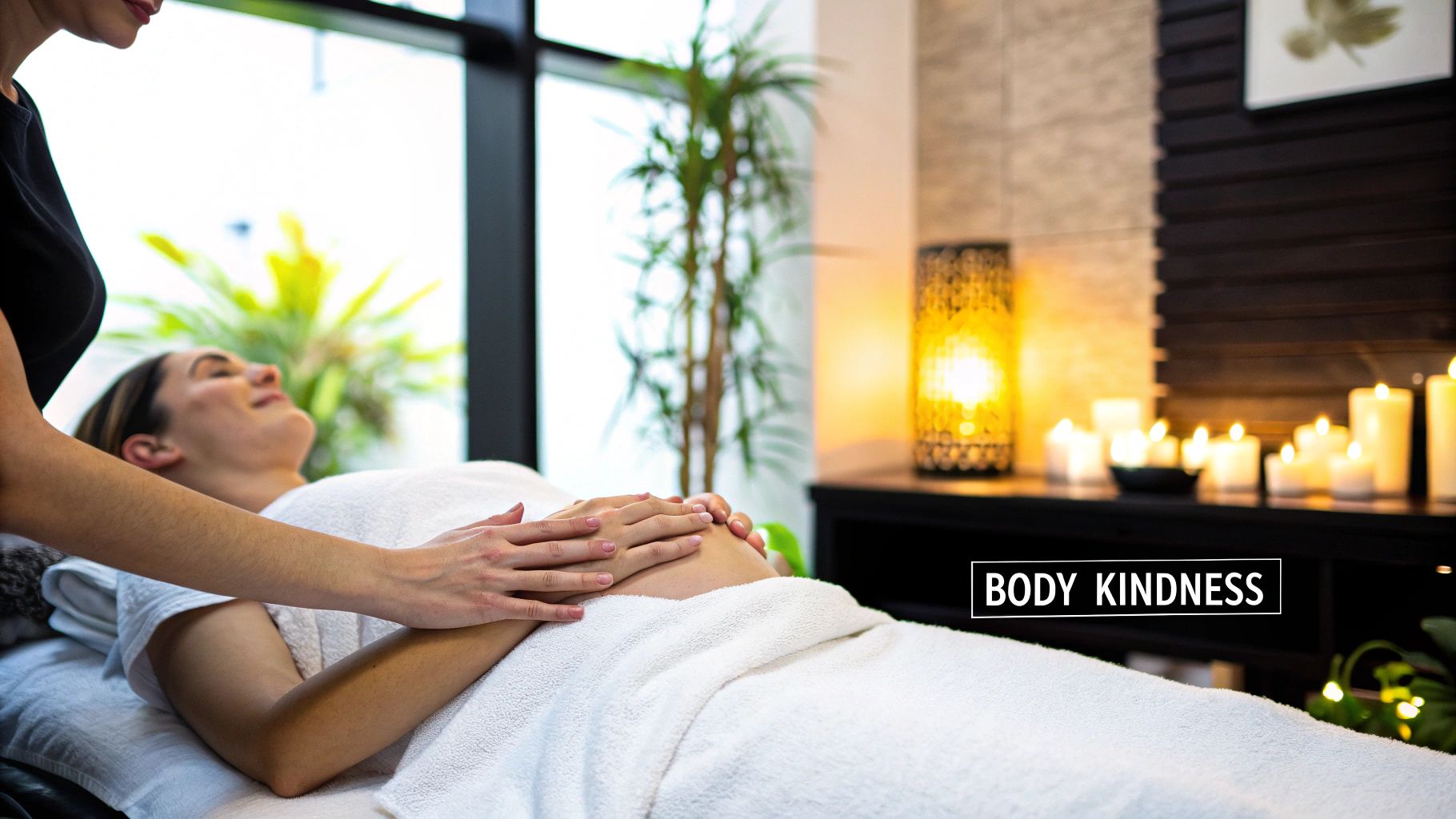 Woman receiving a gentle abdominal massage in a calm spa setting.