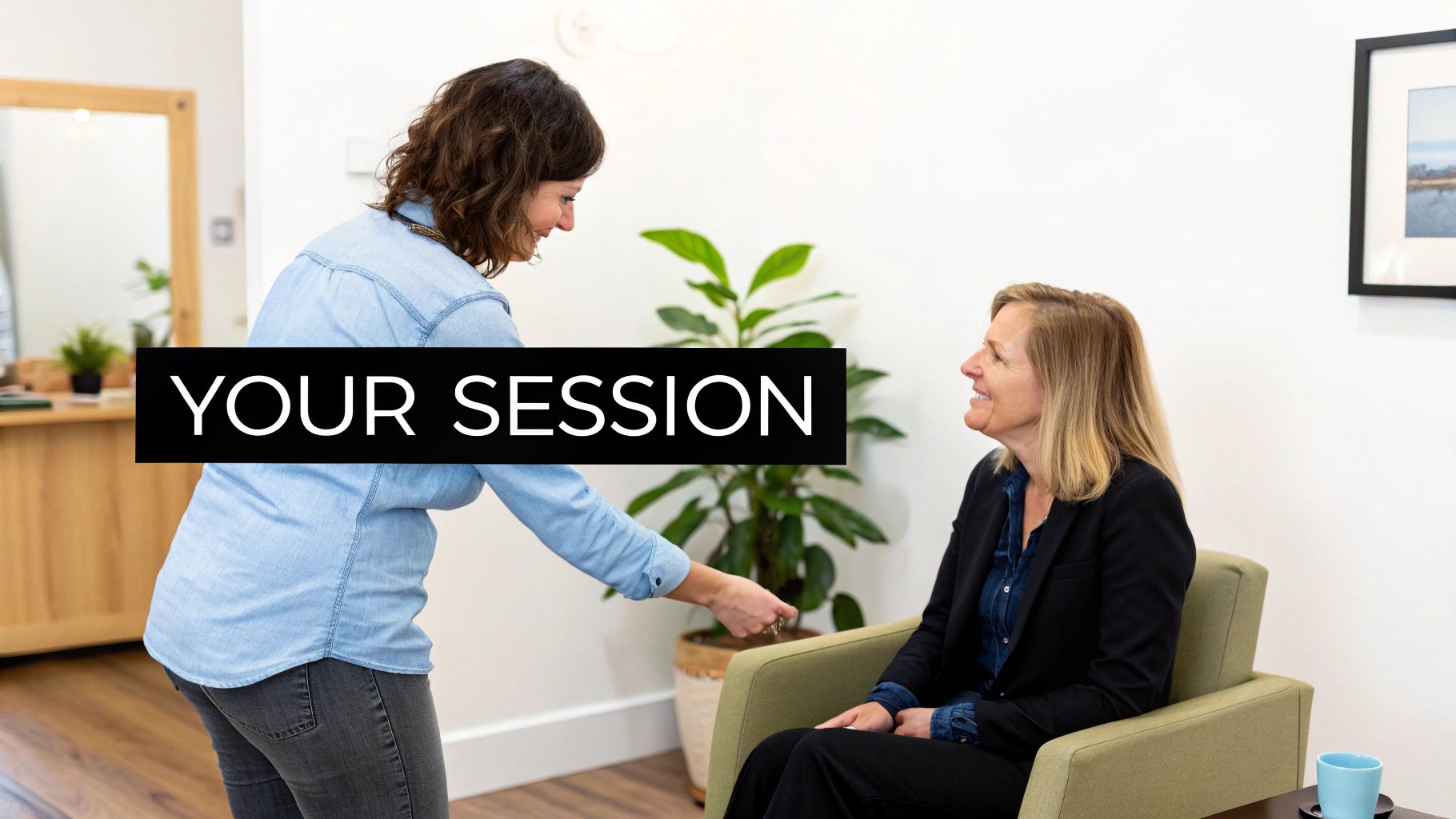 A therapist's hands gently placed on a client's shoulders in a calm spa setting, conveying care and professionalism.