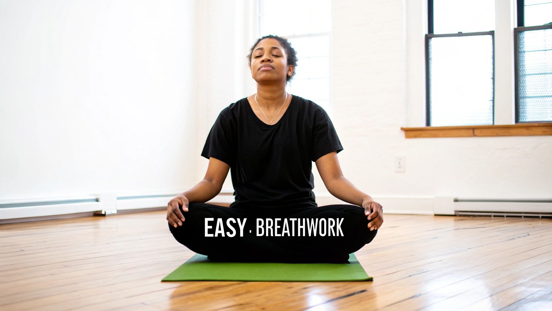 A serene image showing hands in a gentle, mindful posture during a breathwork practice.