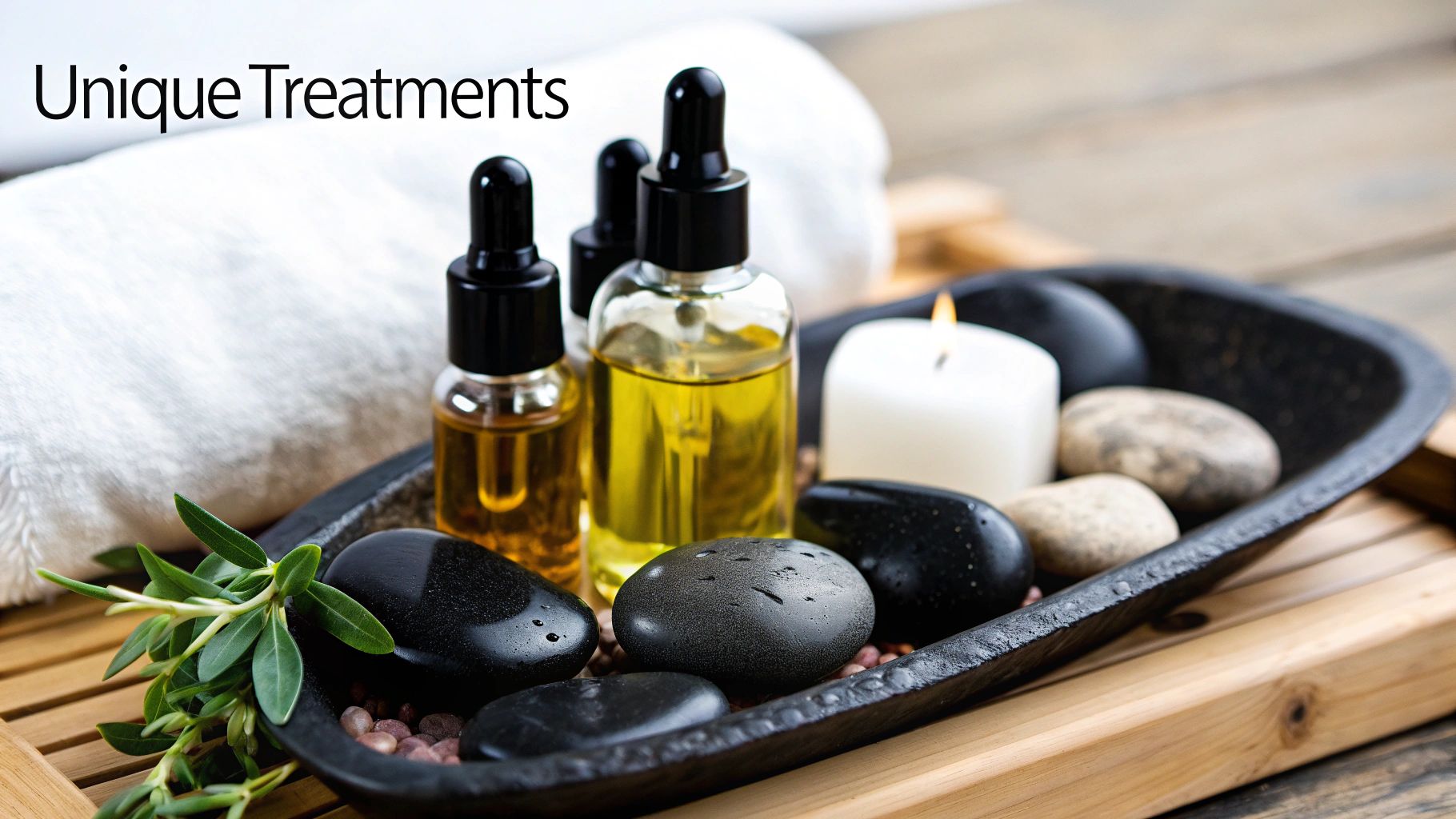 Woman gently touching her face in a spa setting, looking relaxed