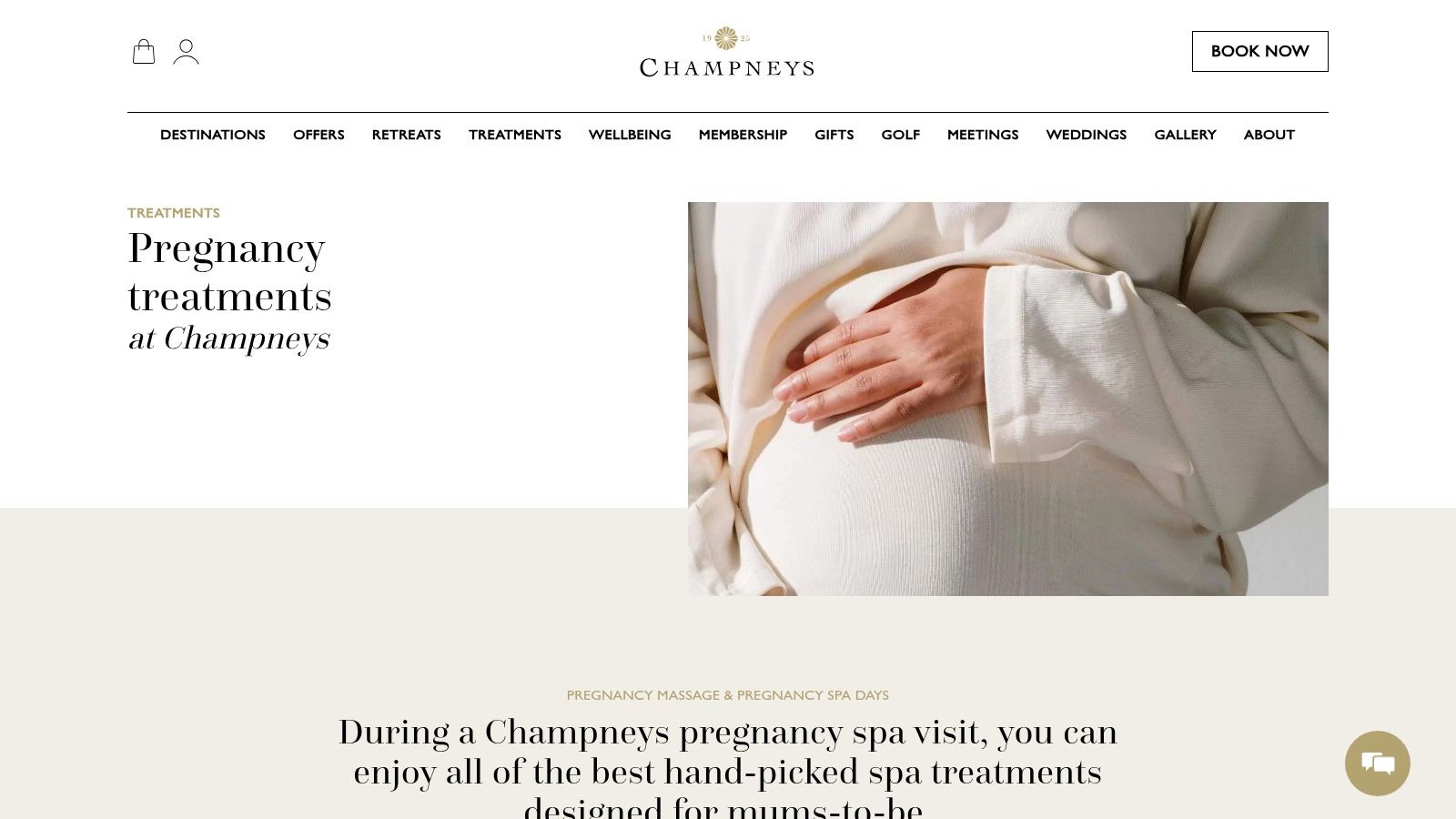 The Champneys website highlighting their pregnancy-specific treatment options.