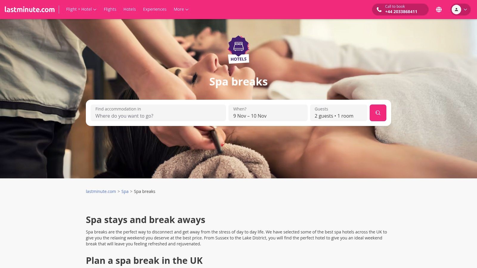 A screenshot of the lastminute.com website showing a spa break deal for a hotel.