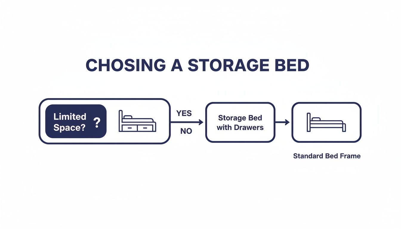 A flowchart guiding the choice of a storage bed based on available room space.