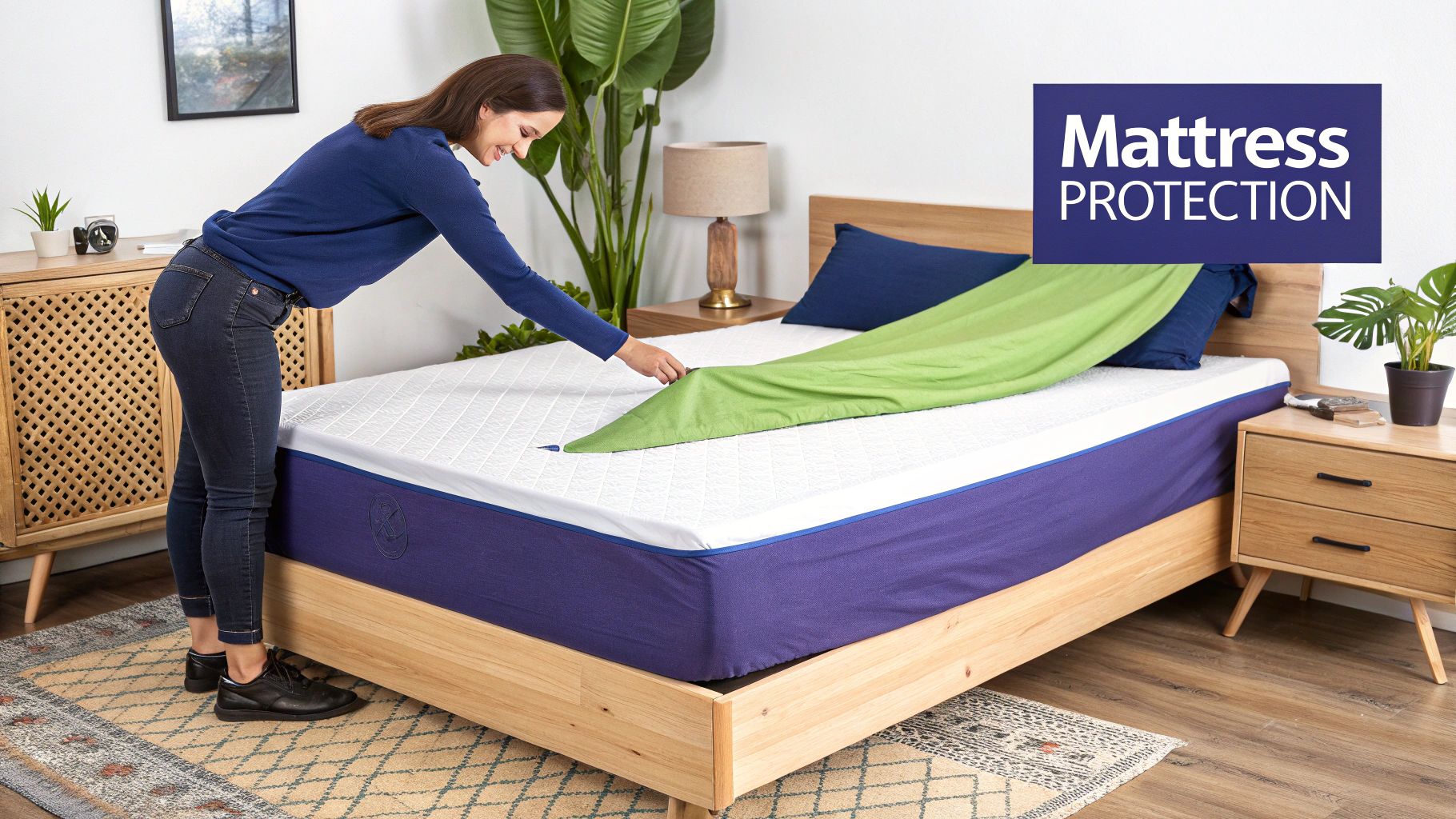 A white waterproof mattress protector being fitted onto the corner of a clean mattress.
