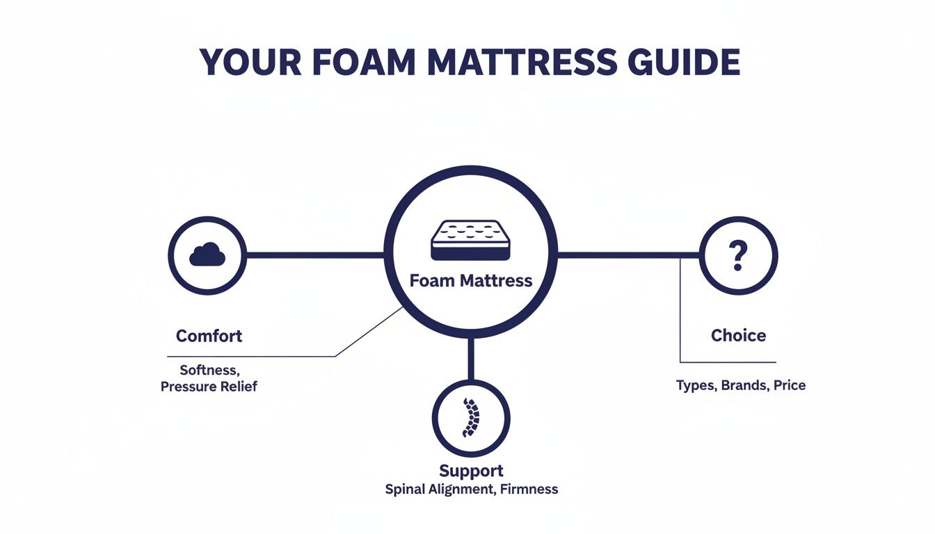 A visual guide illustrating key factors for choosing a foam mattress: comfort, support, and choice.