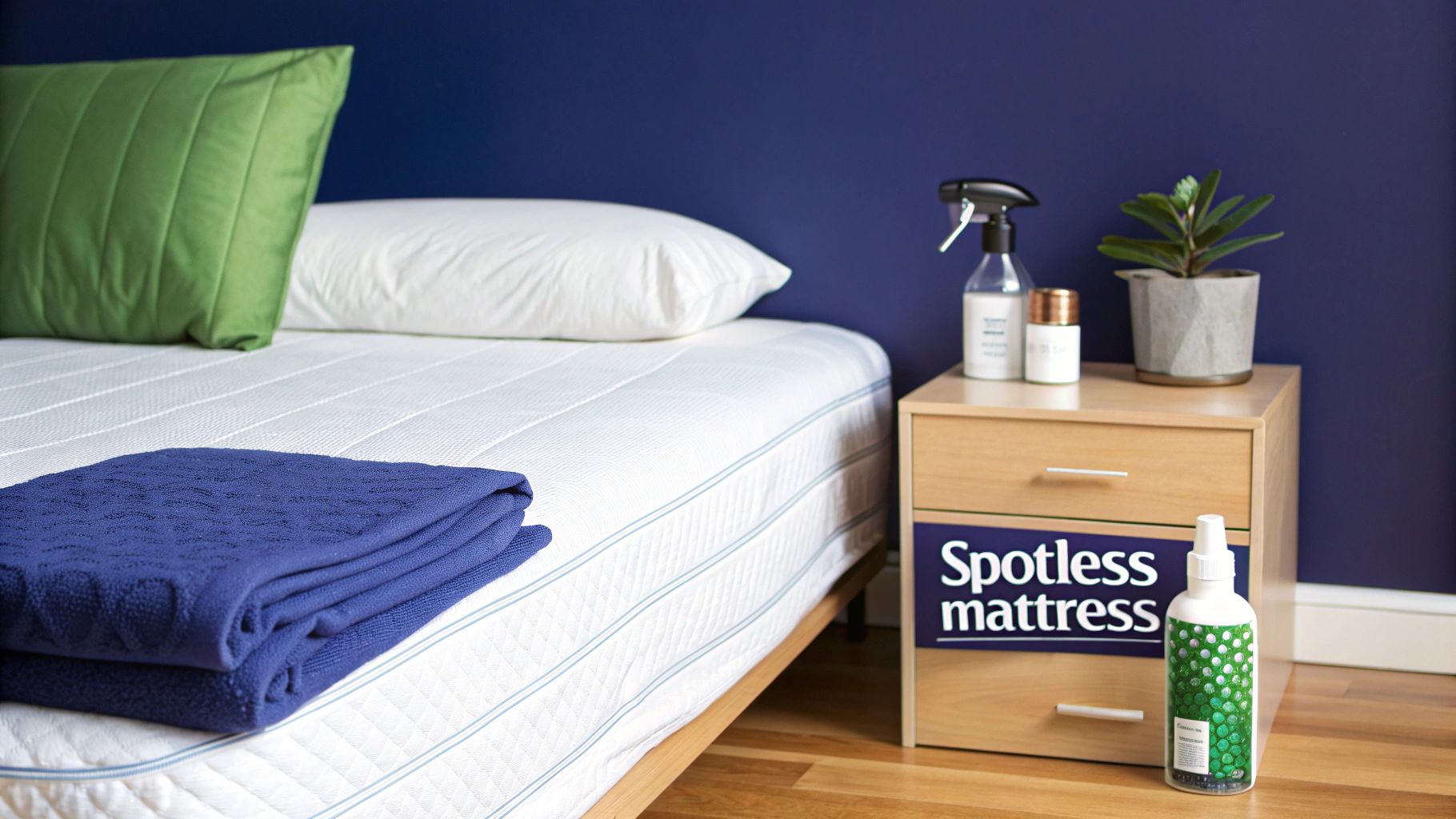 A clean white mattress on a bed with a blue blanket, and cleaning products on a nightstand.