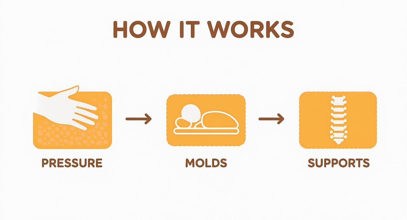 A diagram shows how pressure on a surface leads to it molding and supporting the body, specifically the spine.