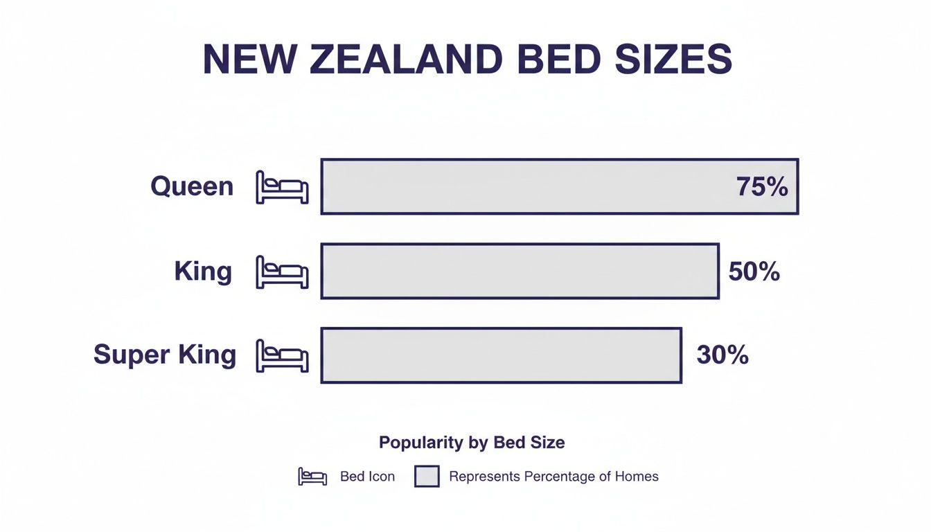 Bar chart illustrating New Zealand bed size popularity: Queen 75%, King 50%, Super King 30%.