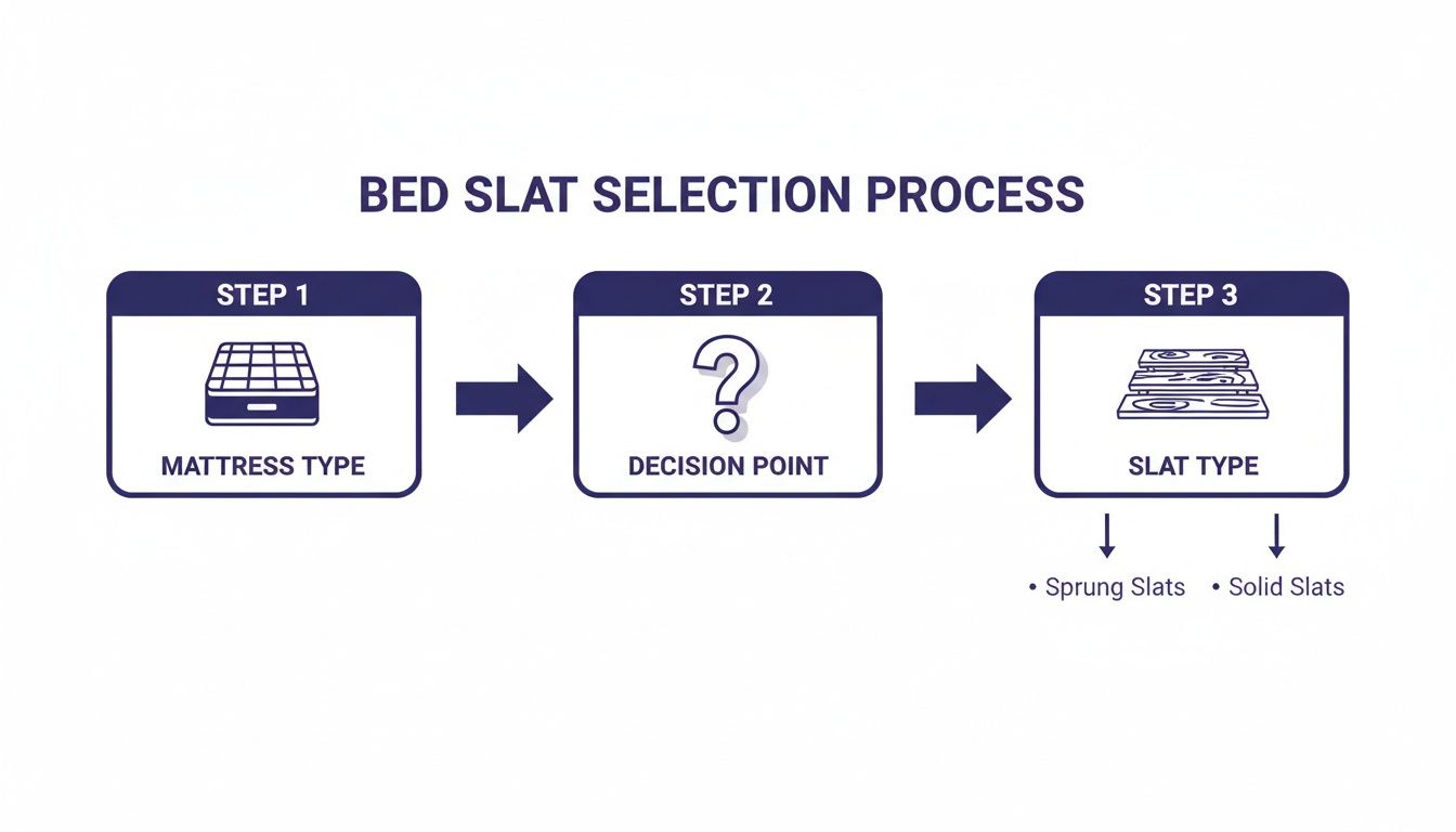 Flowchart illustrating the bed slat selection process, detailing mattress type, decision point, and resulting slat types: sprung or solid.