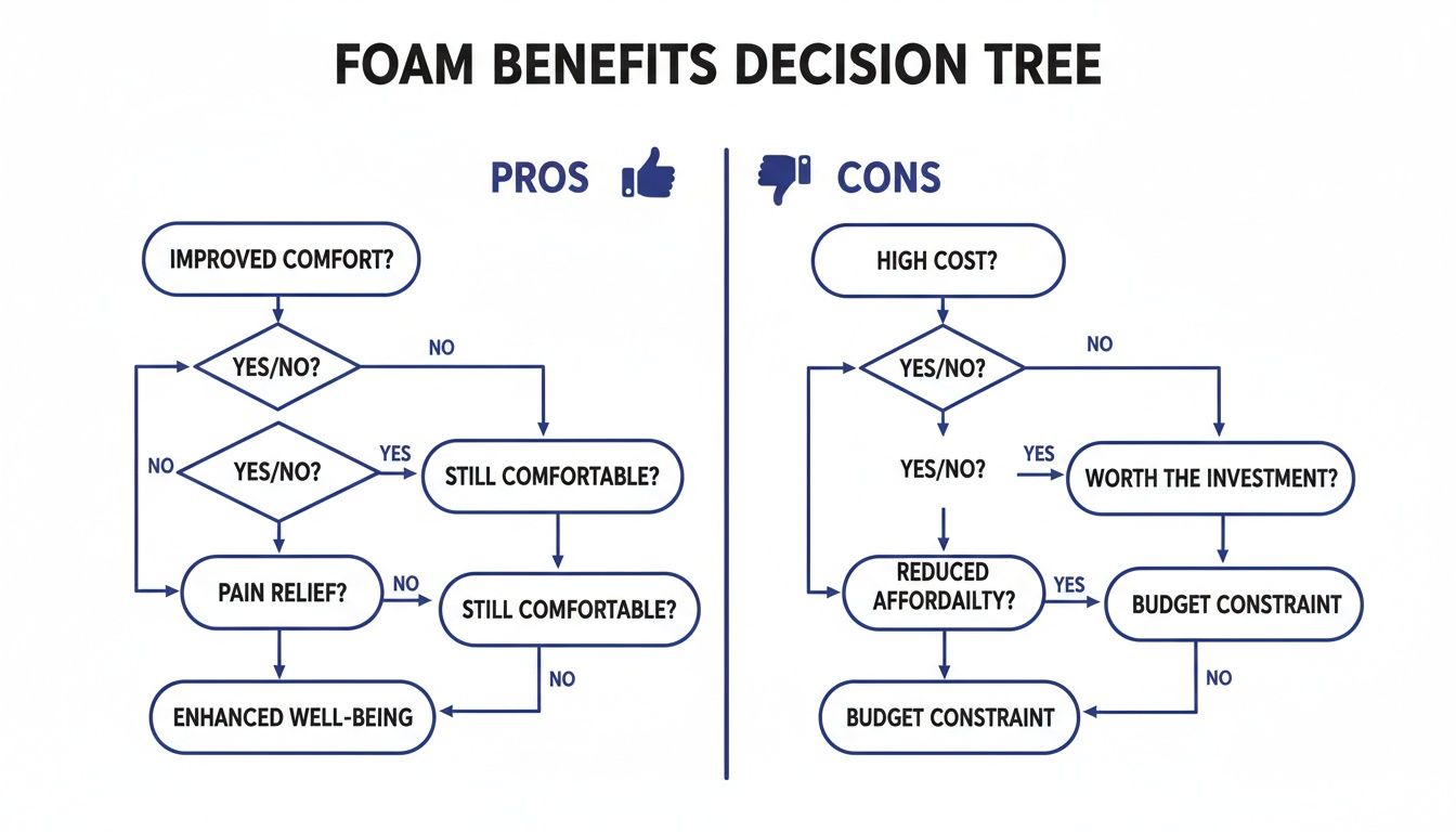 A detailed foam benefits decision tree flowchart illustrating pros like comfort and cons like cost.