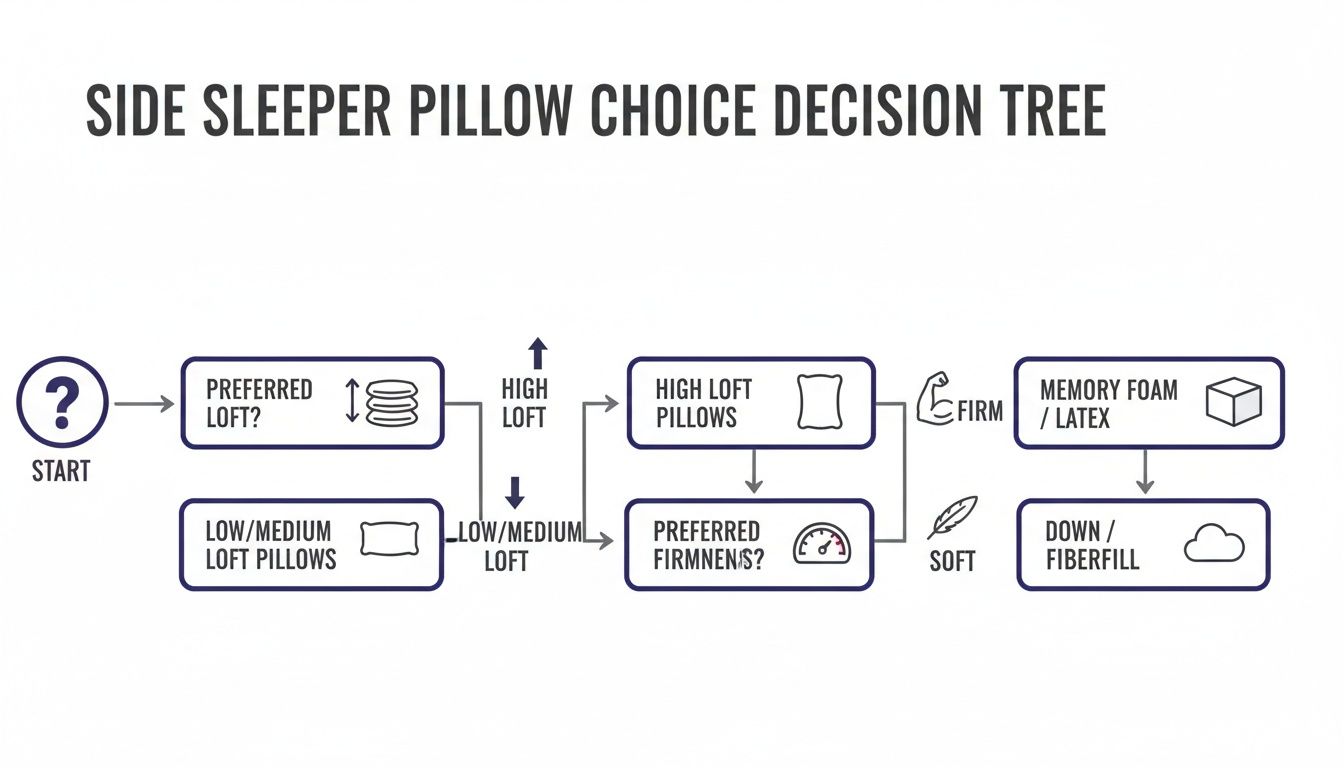Decision tree flowchart guiding side sleepers to choose pillows based on preferred loft and firmness.