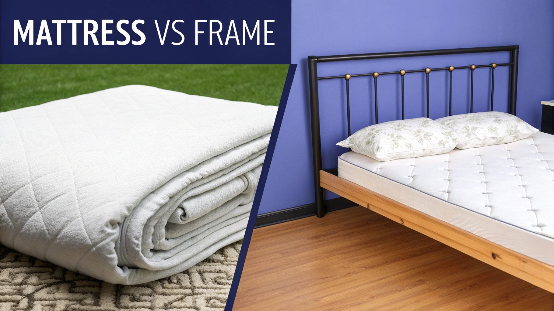 Comparison image showing a folded mattress and a bed frame with mattress, titled 'Mattress vs Frame'.
